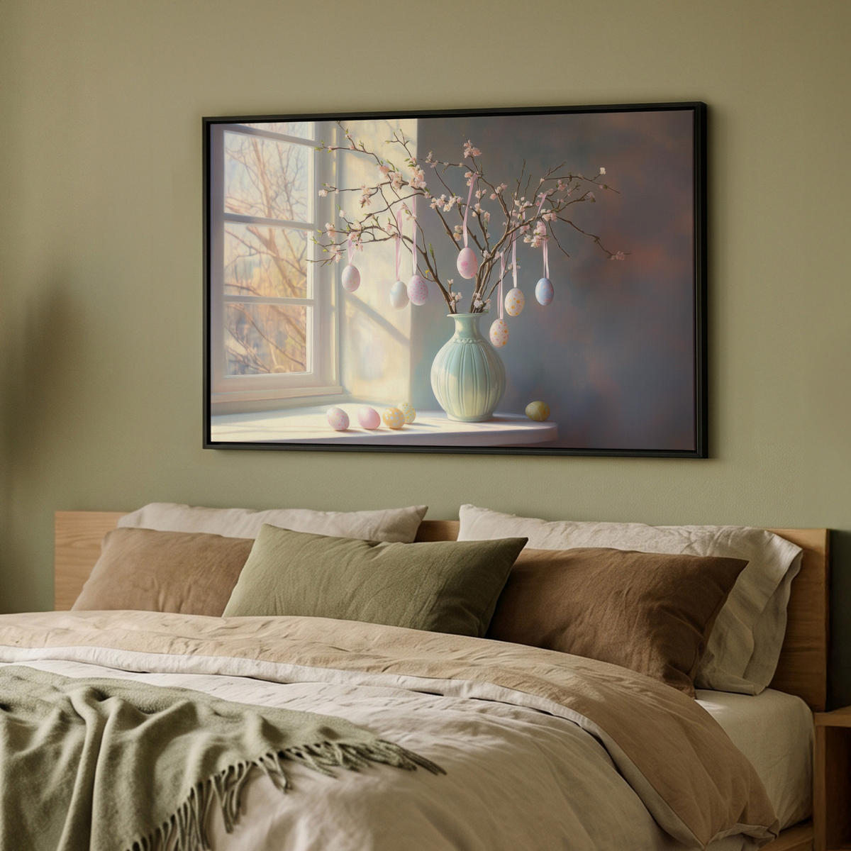 LEINWAND Bilder mit Rahmen - Stillleben - Vase - Osterzweig - 90x60 - Hellblau, Textil (90/60cm) - MuchoWow