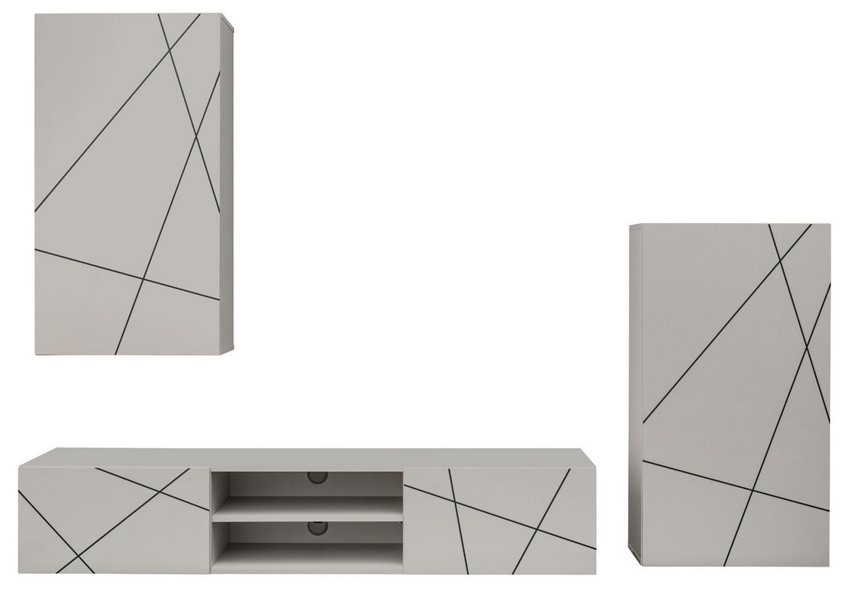 WOHNWAND Kaschmir, schwarz 260 cm, Schrankwand mit Streifendruck, Push-to-Open - Kaschmir/Schwarz, Holzwerkstoff/Kunststoff (260/180/45cm) - Furn.Design