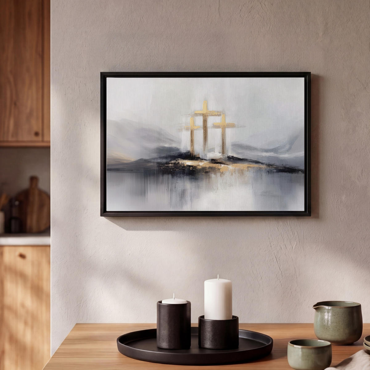 LEINWAND Bilder mit Rahmen - Abstrakt - Malerei - Christentum - Kreuz - 30x20 - Weiß, Textil (30/20cm) - MuchoWow