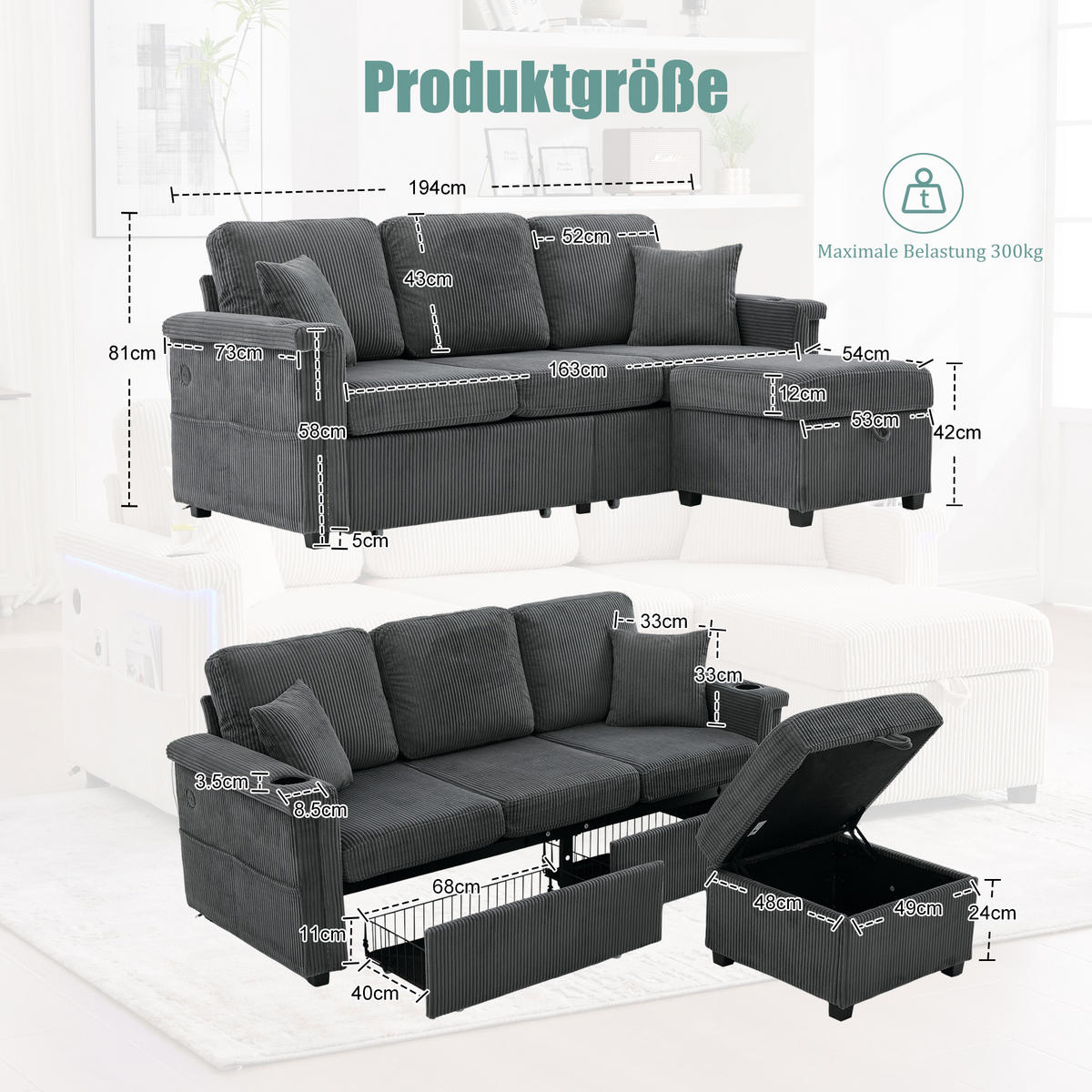 SOFA Corduroy mit LED und USB-Anschluss Stauraum 194/73/81 cm Dunkelgrau - Dunkelgrau, Textil (73/194cm) - Redom