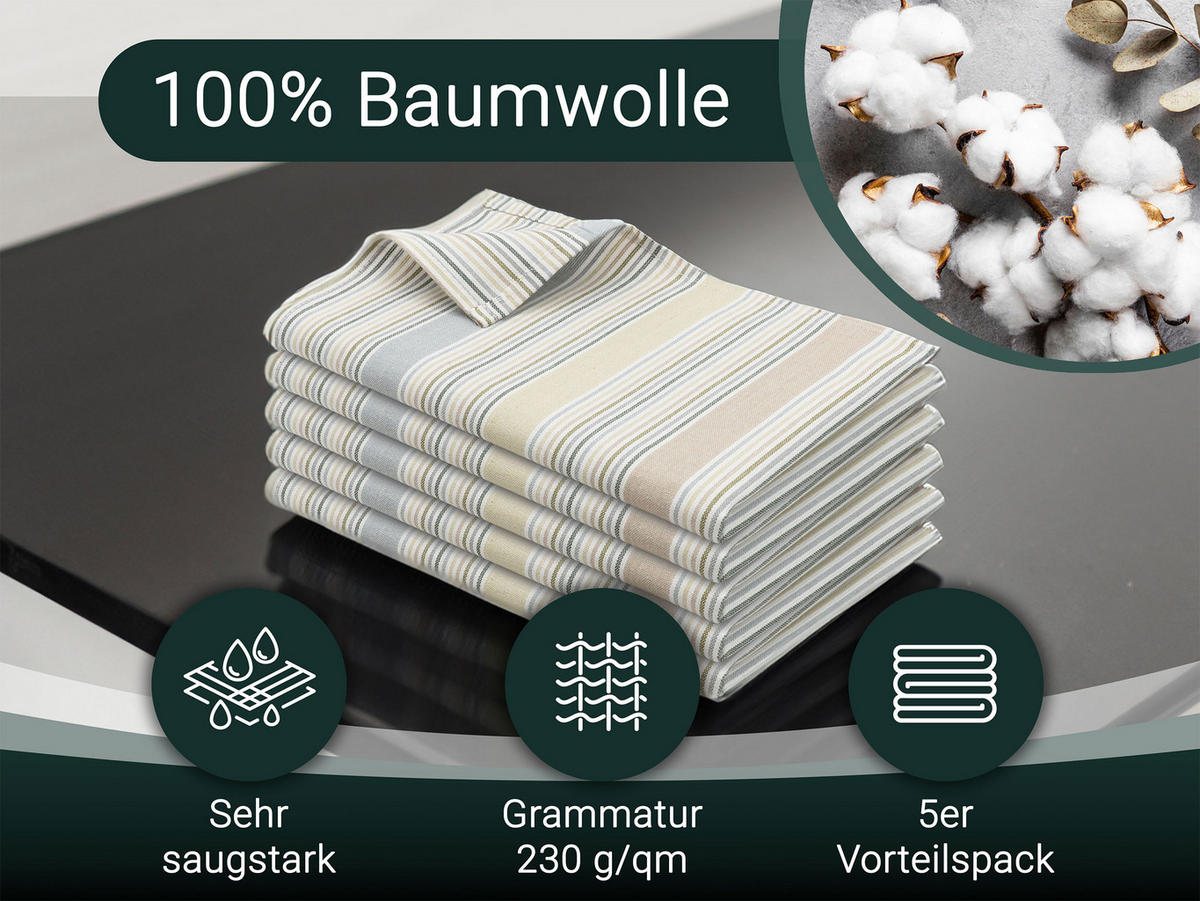 GESCHIRRTÜCHER, 5er-Set, 50x70 cm, 100% Baumwolle, Grün - Olivgrün, Textil (50/70cm) - Zollner