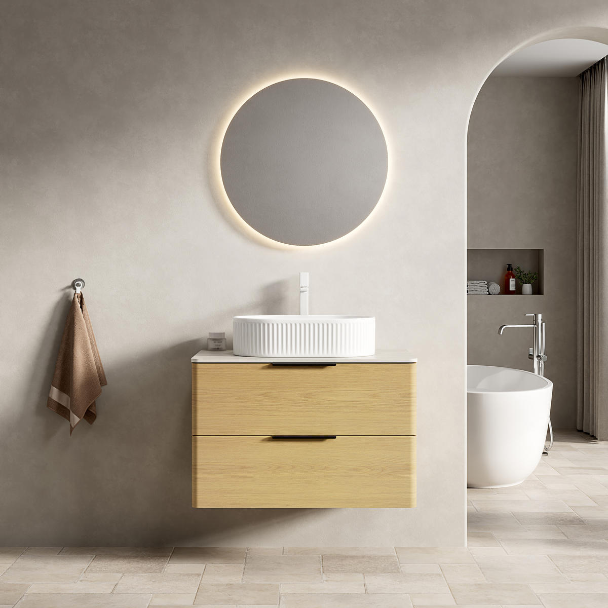 WASCHTISCHUNTERSCHRANK 75x46x62.2cm Beige/Eiche/Weiß mit ovalem Keramikbecken & Travertin-Arbeitsplatte - Eichefarben, Keramik (75/62.2/46cm) - Modfu