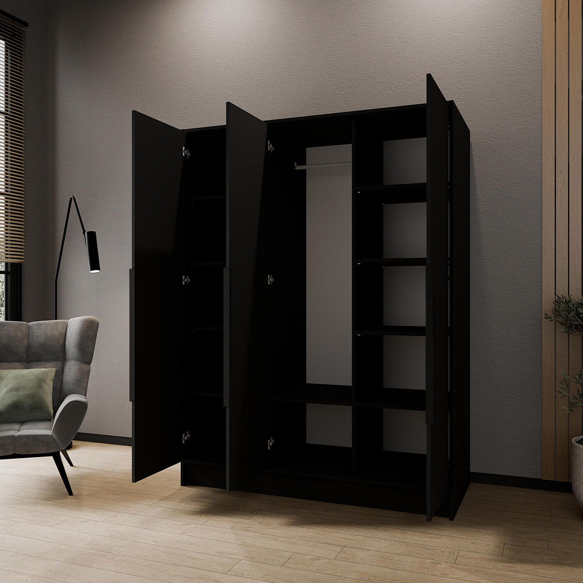 DREHTÜRENSCHRANK Pavia ohne Spiegel, Schwarz mit mit schwarzen Griffen, 150 cm - Schwarz, Holzwerkstoff (150/200/51cm) - Beautysofa