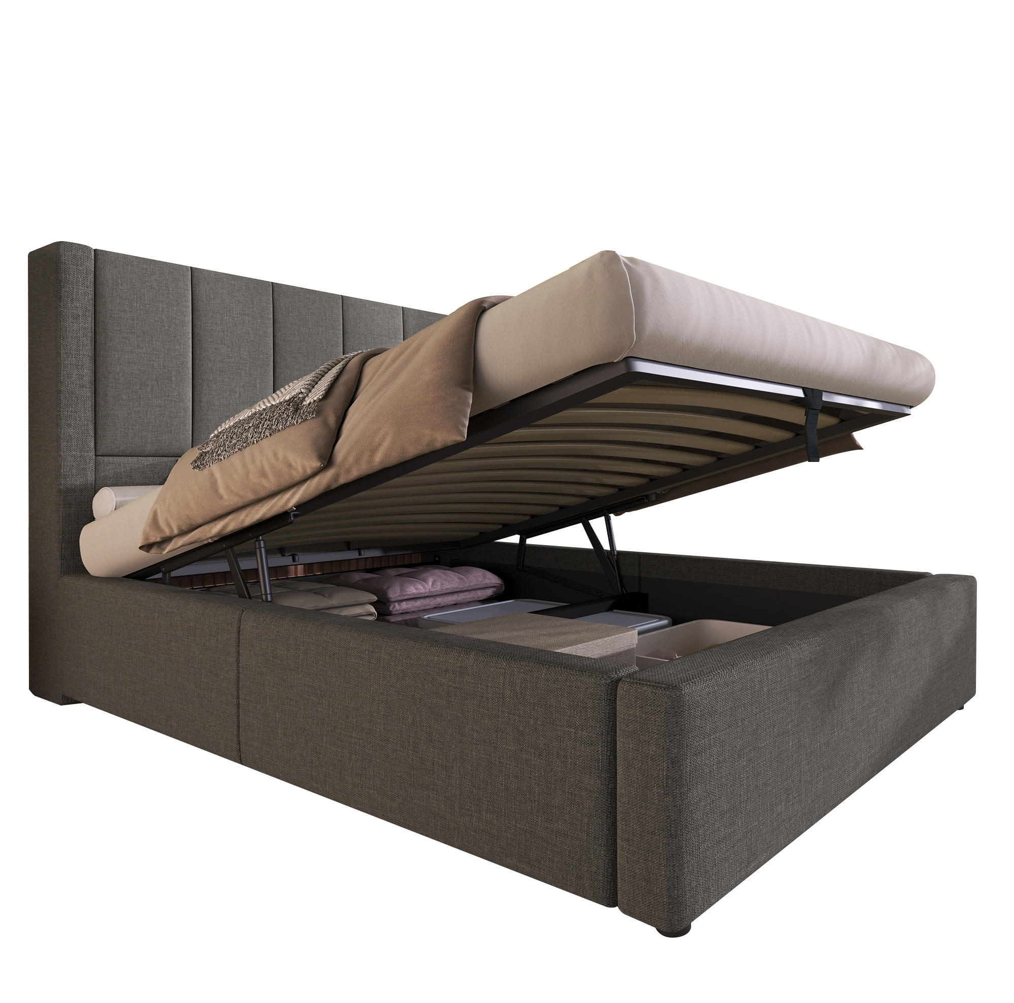POLSTERBETT 90/200 cm aus Leinen mit Stauraum Ladestation und Becherhalter Grau - Grau, Textil (90/200cm) - Modenvie