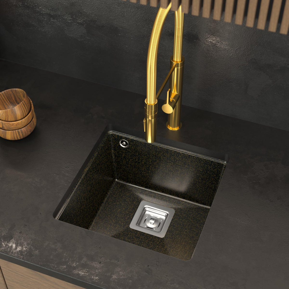 SPÜLBECKEN Napo Schwarz mit goldenen Sprenkeln 42 cm Unterbau 1-tlg. - Schwarz, Stein (42/42/20cm) - Granitan