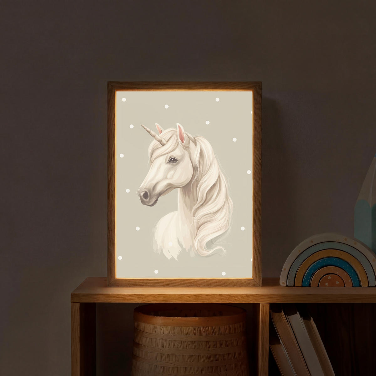 NÁSTĚNNÁ LAMPA S AKUMULÁTOREM Jednorožec - bílý - tečky 30x40 cm - šedohnědá, kompozitní dřevo (30/40/8cm) - OnlyWow