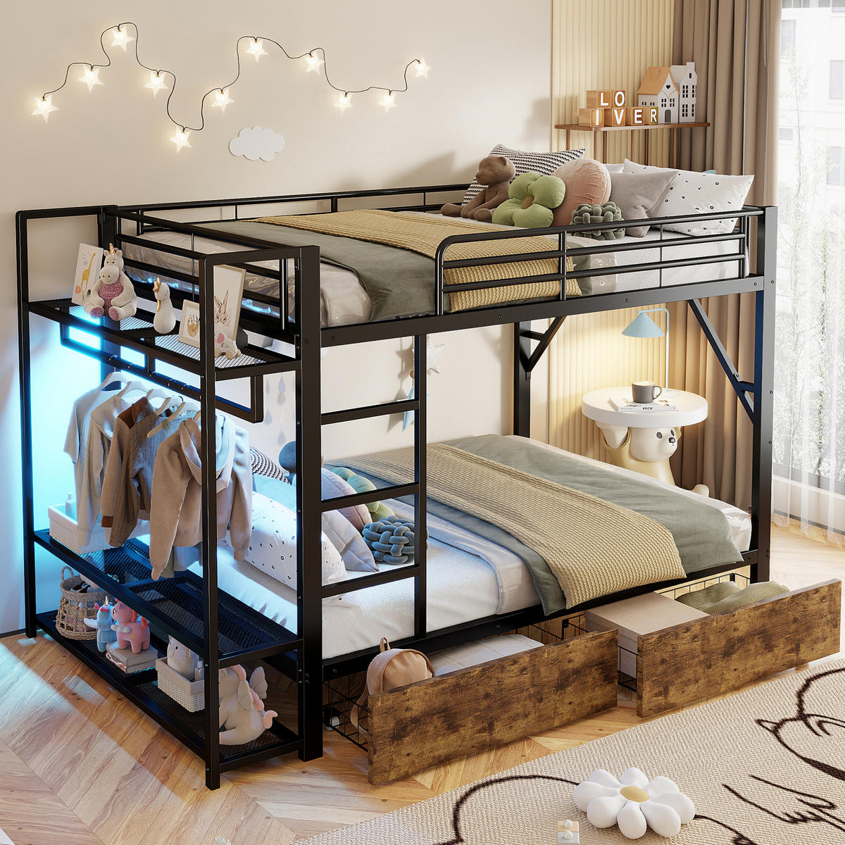 ETAGENBETT 140/200 cm Schwarz mit LED-Beleuchtung und 2 Schubladen - Schwarz, Metall (140/200cm) - Flora Grace