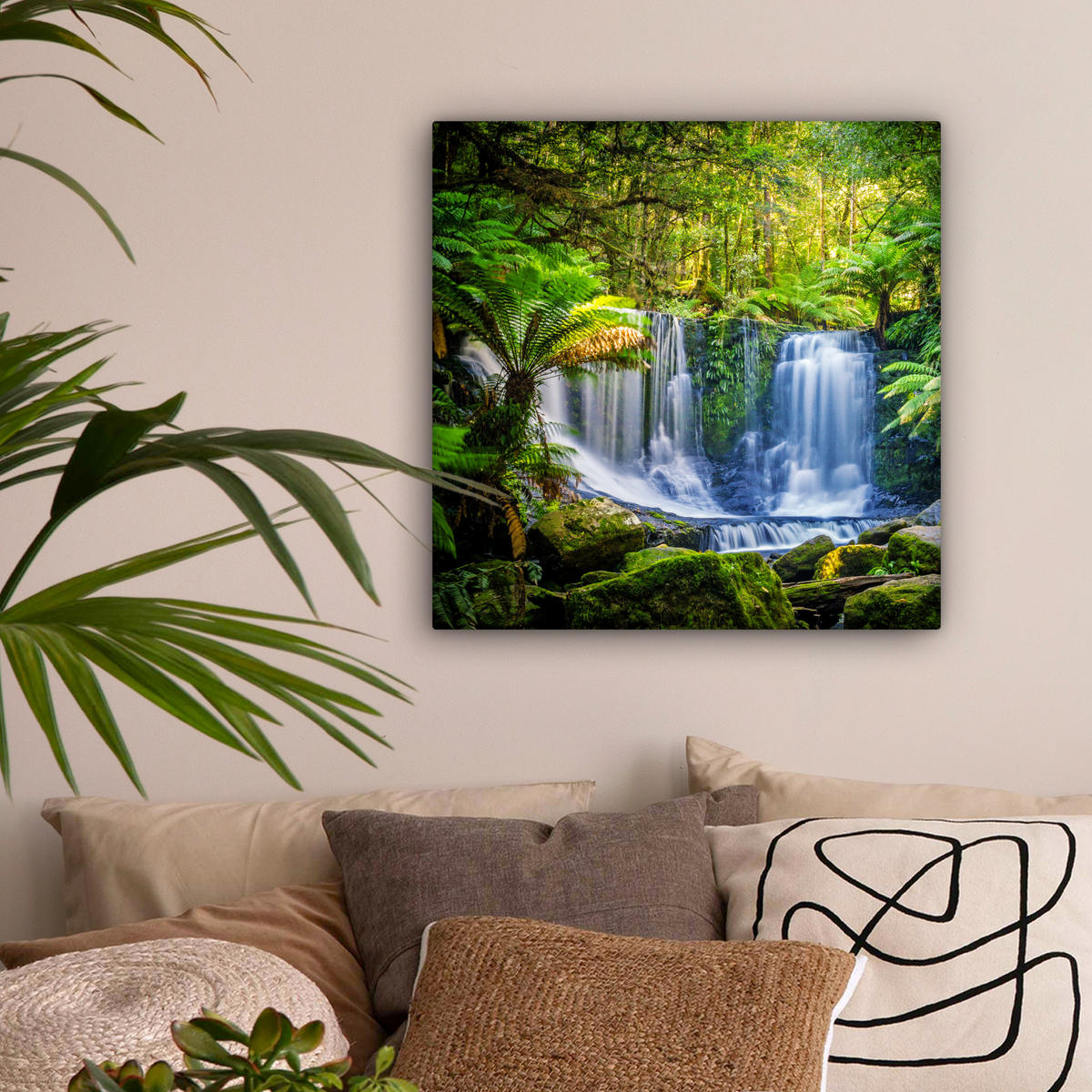 LEINWANDBILD Dschungel - Wasserfall - Australien - Pflanzen - Natur 50x50 cm - Dunkelgrün, Textil (50/50cm) - MuchoWow