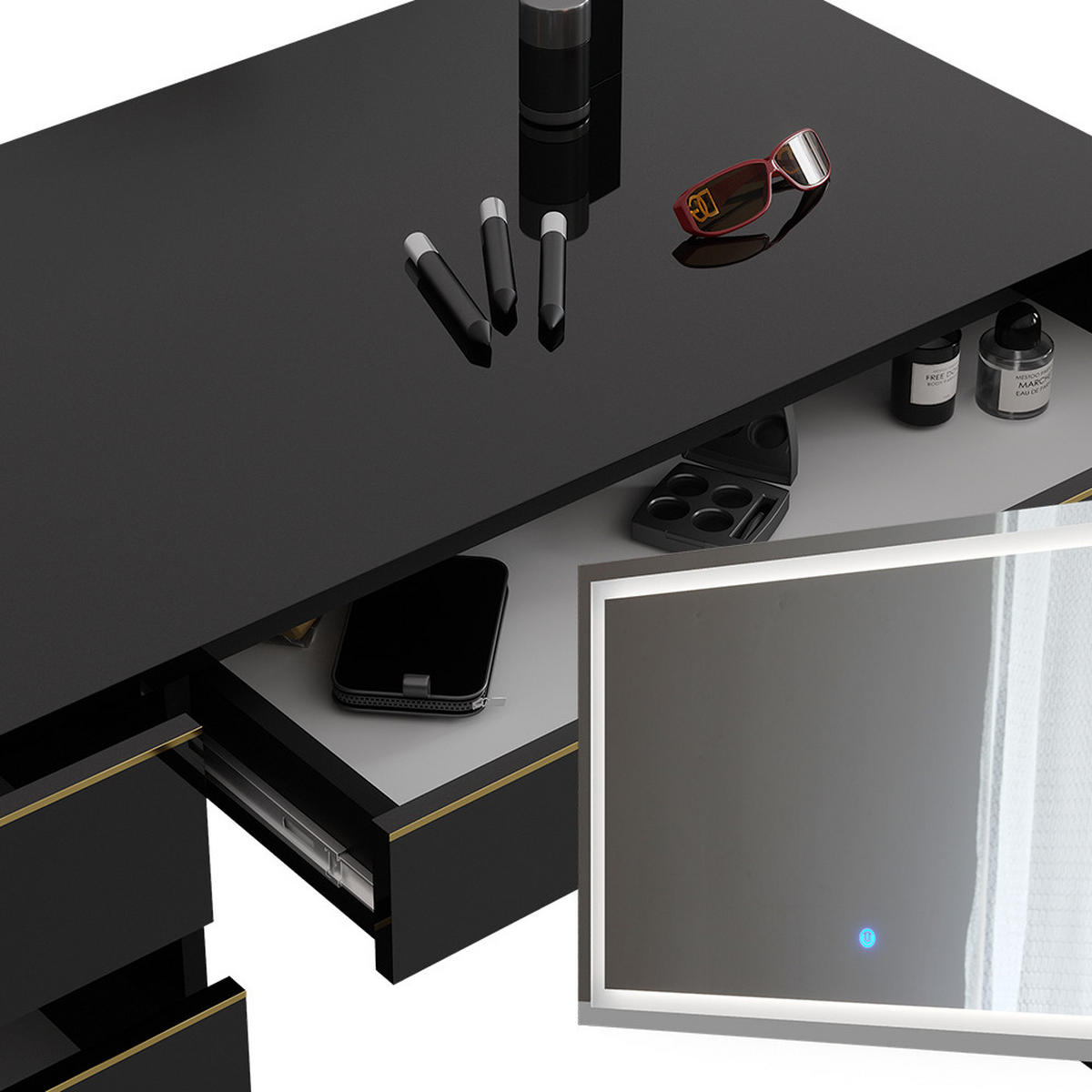 SCHMINKTISCH Sherry Schwarz/Gold 120 cm mit LED-Spiegel - Goldfarben/Schwarz, Holzwerkstoff (120/75/55cm) - Vicco