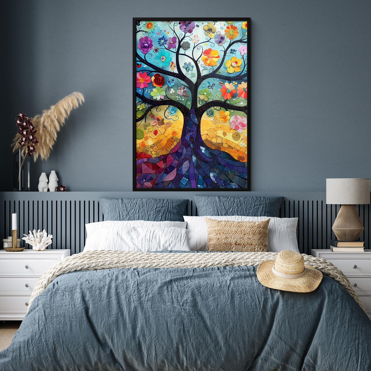 GERAHMTES BILD Kunst - Baum des Lebens - Blumen - Hippie 80x120 cm - Dunkelblau, Papier (80/120cm) - MuchoWow