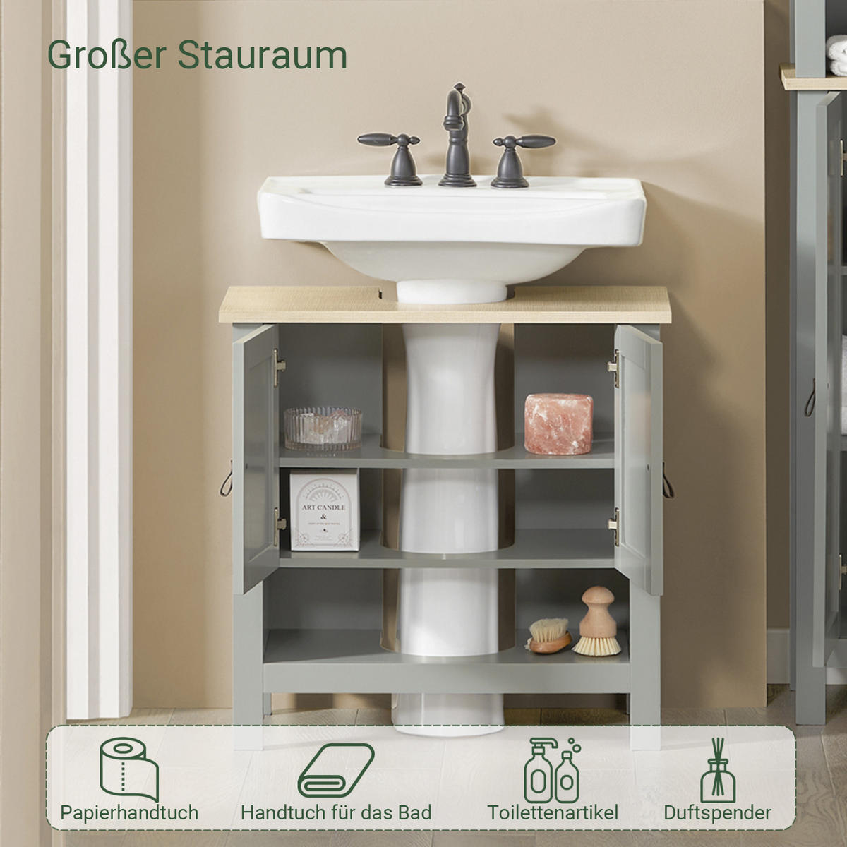 WASCHBECKENUNTERSCHRANK Grau - Grau, Holzwerkstoff (60/60/30cm) - SoBuy