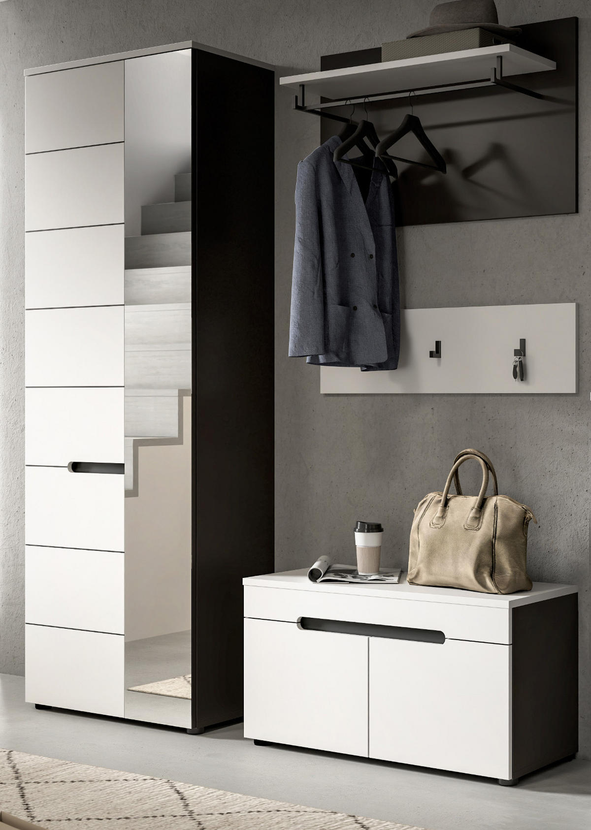 GARDEROBENSCHRANK weiß, grau 65 x 190 cm, Schuhschrank mit variabler Inneneinteilung, Soft-Close, Cooper - Schwarz/Weiß, Glas/Holzwerkstoff (65/190/37cm) - Inn.Furn