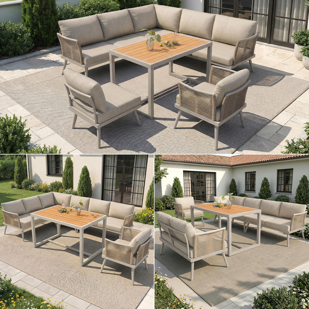 GARTENSET L-Form 7 Personen Grau/Beige Mit Holztisch - Beige, Metall - FLIEKS