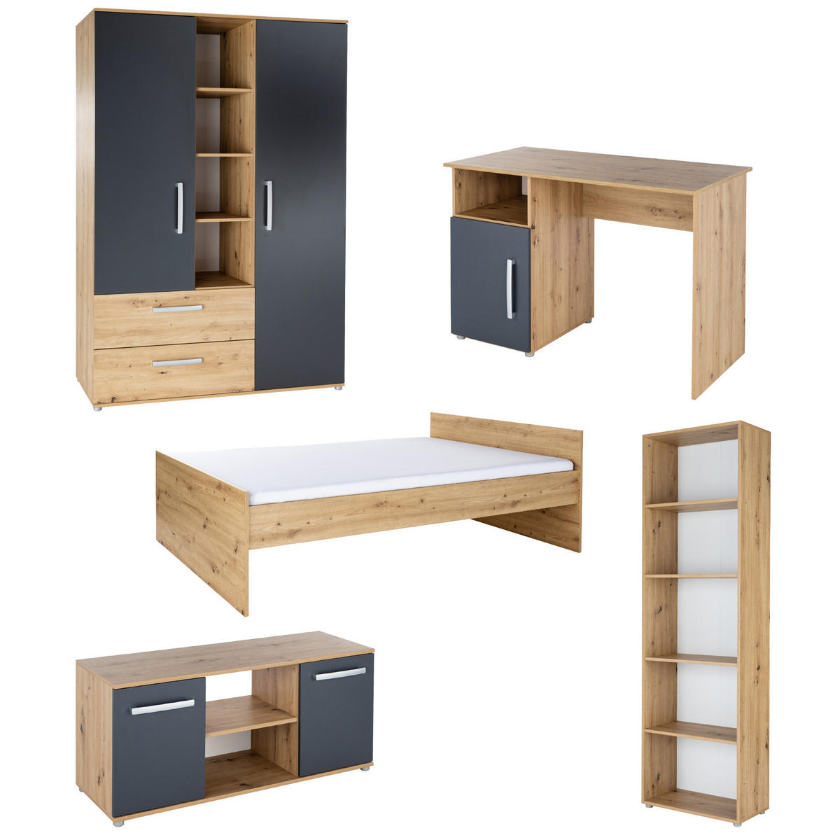 JUGENDZIMMER SET 5-tlg. Alessio - Anthrazit/Silberfarben, Holzwerkstoff/Kunststoff (140/1/200cm) - arthur berndt