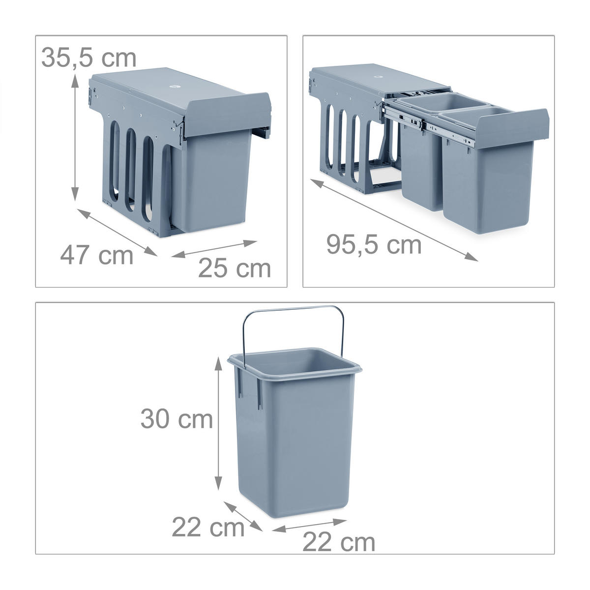 EINBAUMÜLLEIMER - Grau, Kunststoff/Metall (25/35.5/47cm) - Relaxdays