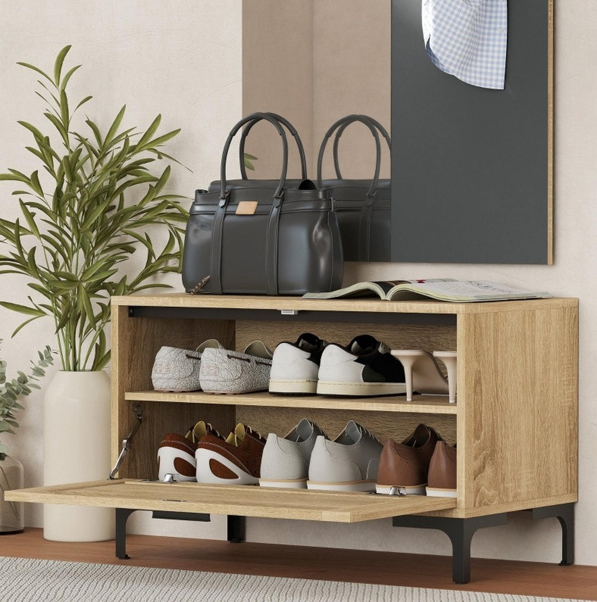 PŘEDSÍŇOVÁ sestava 60/13,5/127,5 cm přírodní dřevo a šedá z MDF s věšákem, zrcadlem a botníkem - přírodní, kompozitní dřevo (60/127.5/13.5cm) - OKWISH