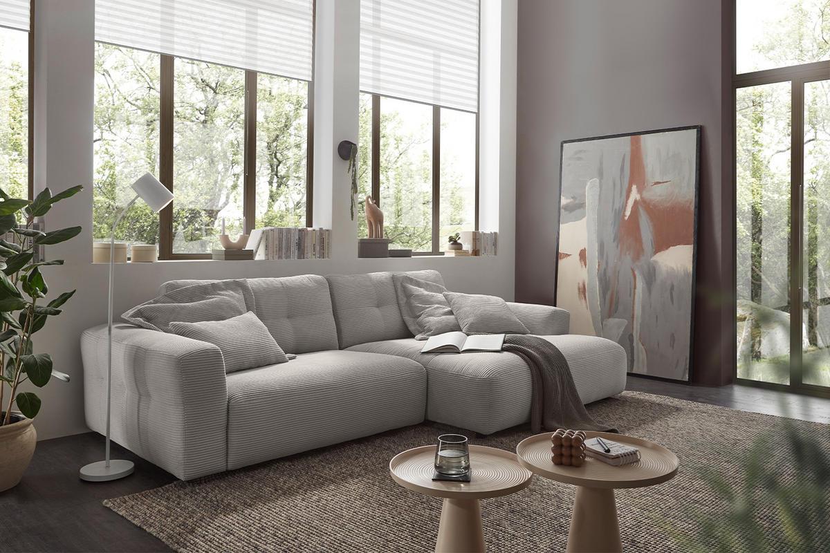 ECKSOFA XL MIKA Hellgrau Cord - Hellgrau/Schwarz, Kunststoff/Textil (296/167cm) - KAWOLA