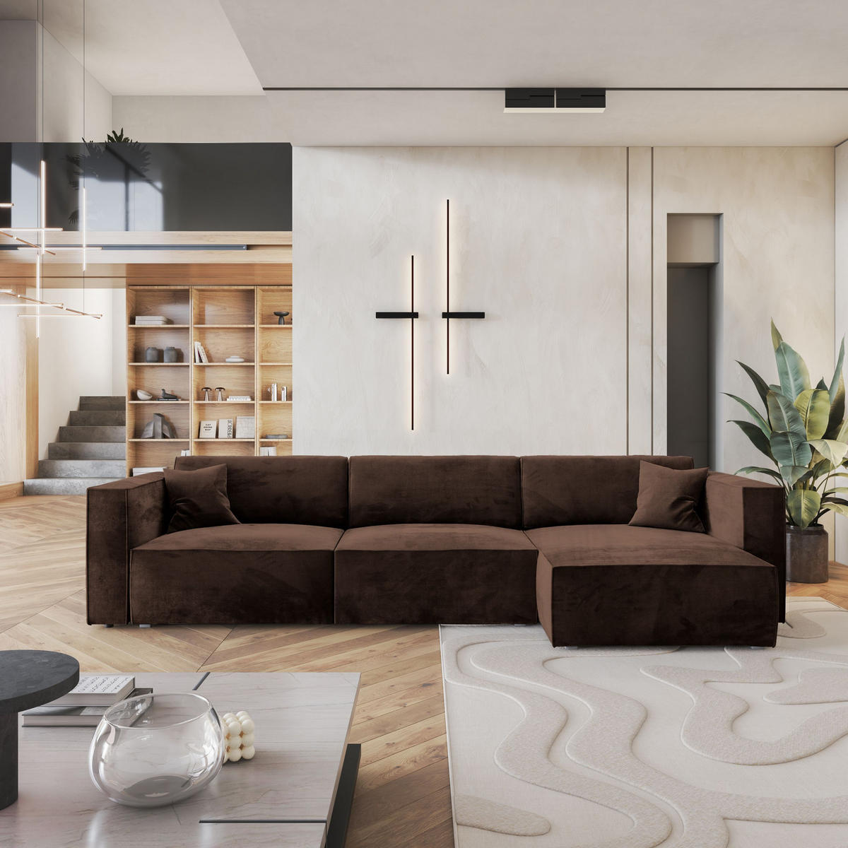 ECKSOFA TOLMO M Braun Velours-Stoff mit Schlaffunktion - Braun/Grau, Holz/Kunststoff (347/148cm) - MASSENO