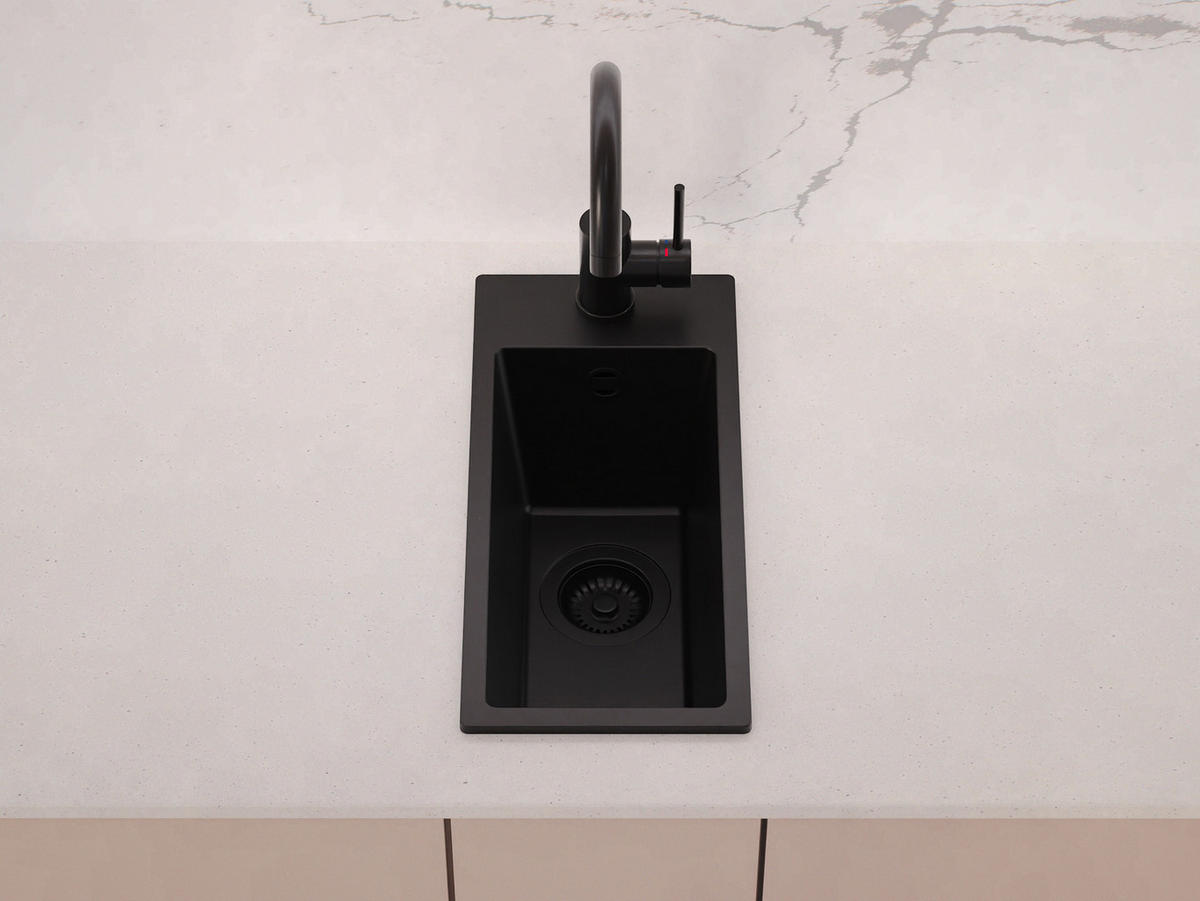 GRANITSPÜLE - Riga, 3-er set Schwarz 23/50 cm, 1 Becken + Küchenarmatur 40/20 cm + Ablauf-Set ab 25er Unterschrank - Schwarz, Kunststoff (23/200/500cm) - Primagran