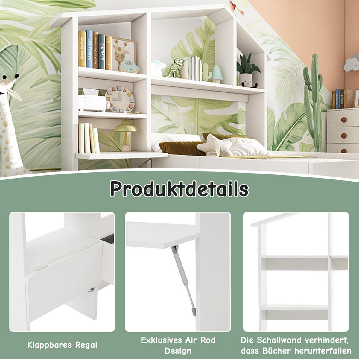 KINDERBETT 90x190cm Einzelbett mit Bücherregal Hydraulik USB-C Grau - Grau, Holz (90/190cm) - FLIEKS