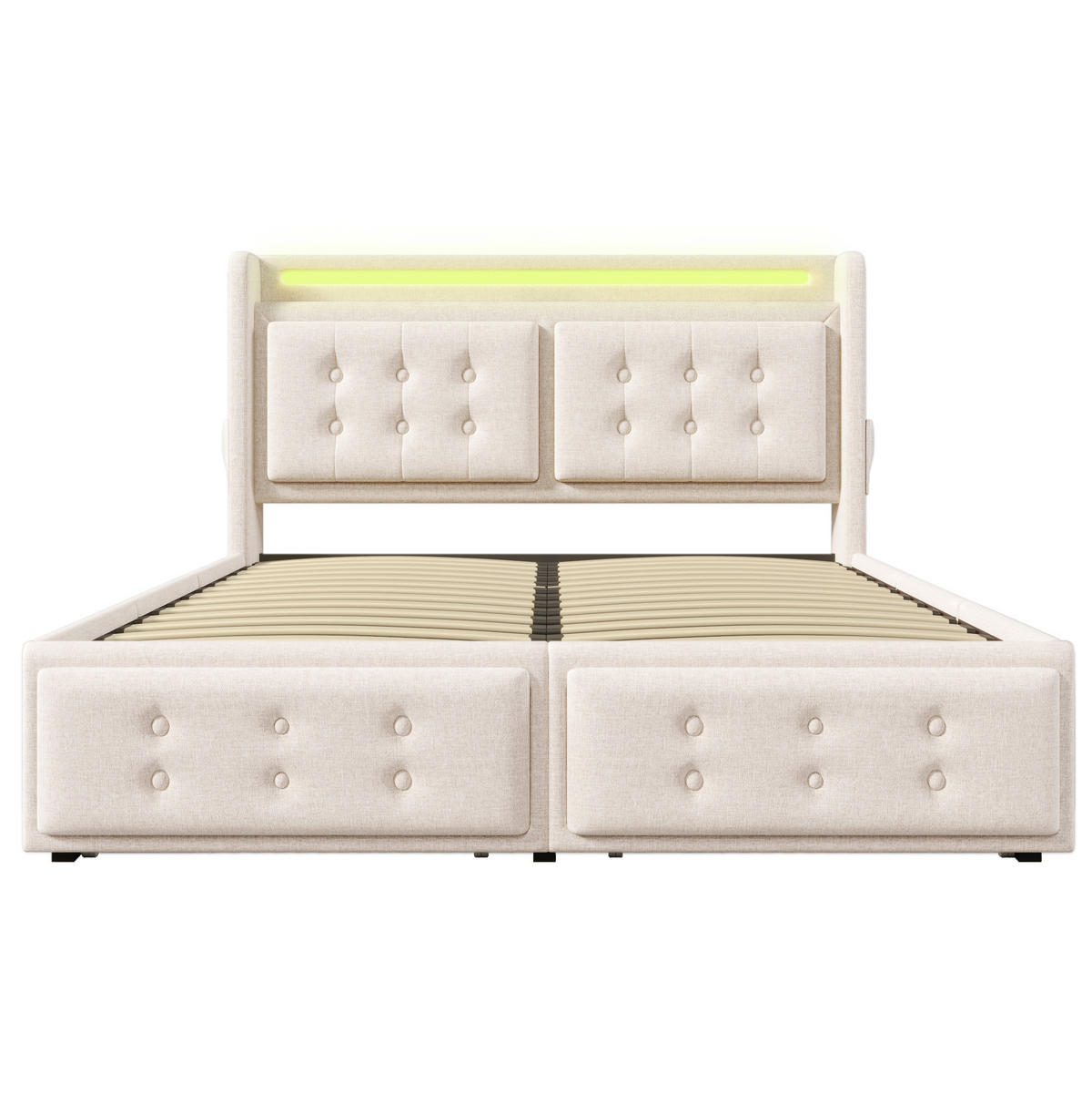 POLSTERBETT mit Baumwoll-Leinenbezug 180x200 cm Beige mit LED-Beleuchtung, USB-C und 4 Schubladen - Beige, Textil (180/200cm) - IVMEU
