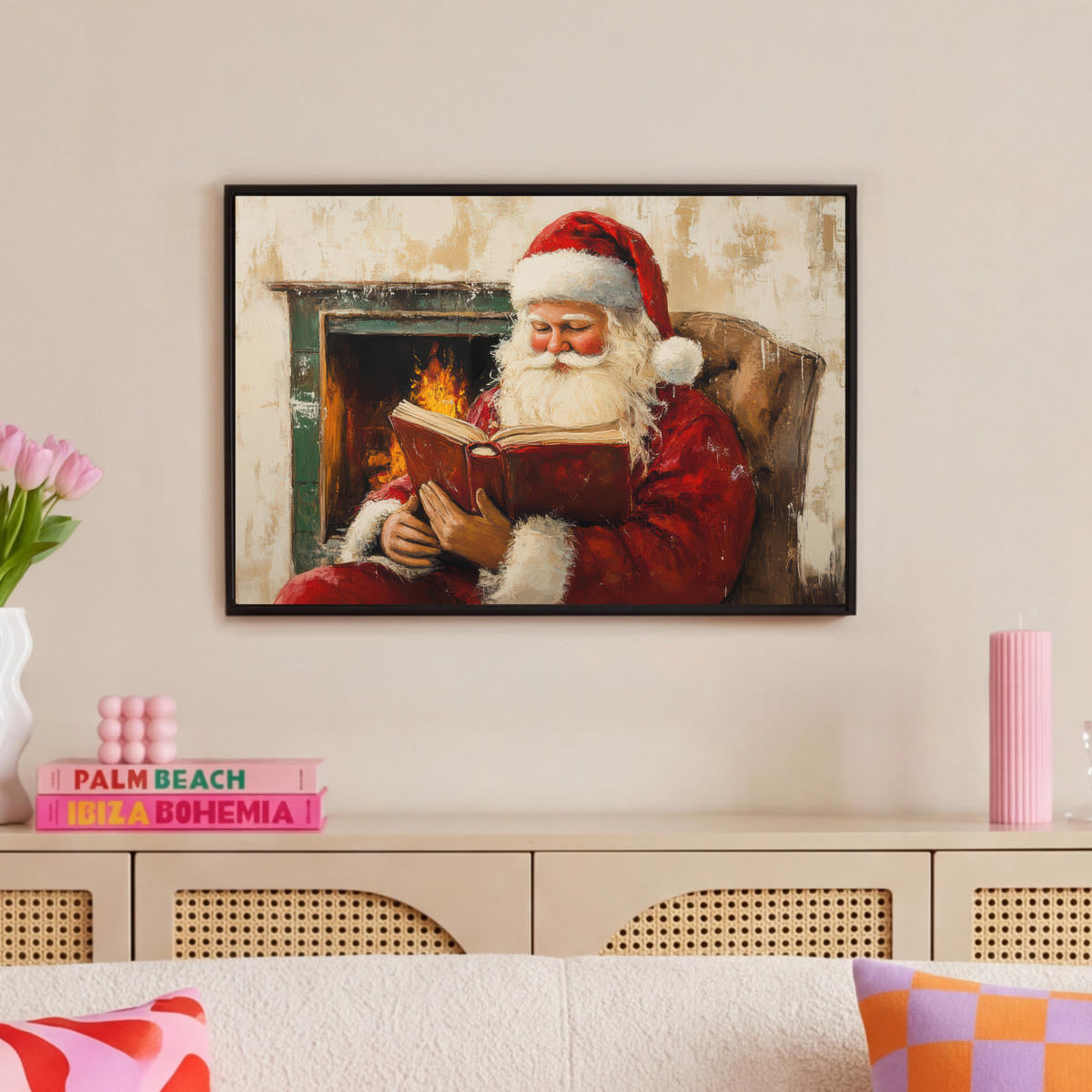 LEINWAND Bilder mit Rahmen - Weihnachten - Weihnachtsmann - Winter - Open Fireside - 60x40 - Dunkelrot, Textil (60/40cm) - MuchoWow