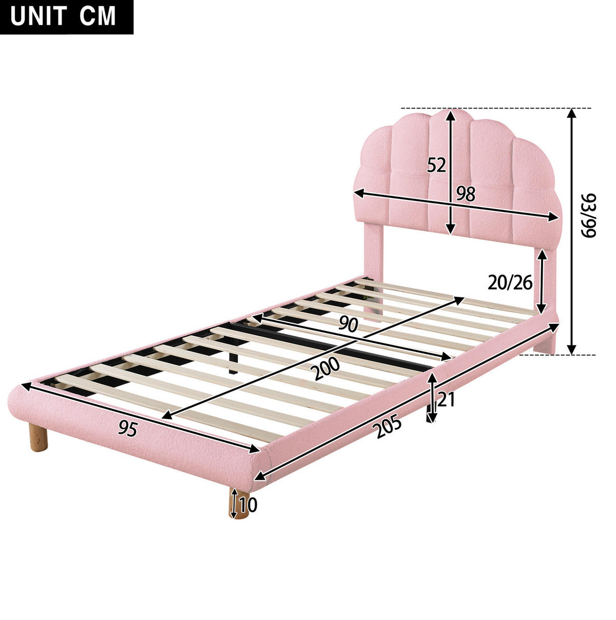 POLSTERBETT 90/200 cm mit gepolstertem Kopfteil in Rosa, inkl. Lattenrost - Rosa, Textil (90/200cm) - BEAOK