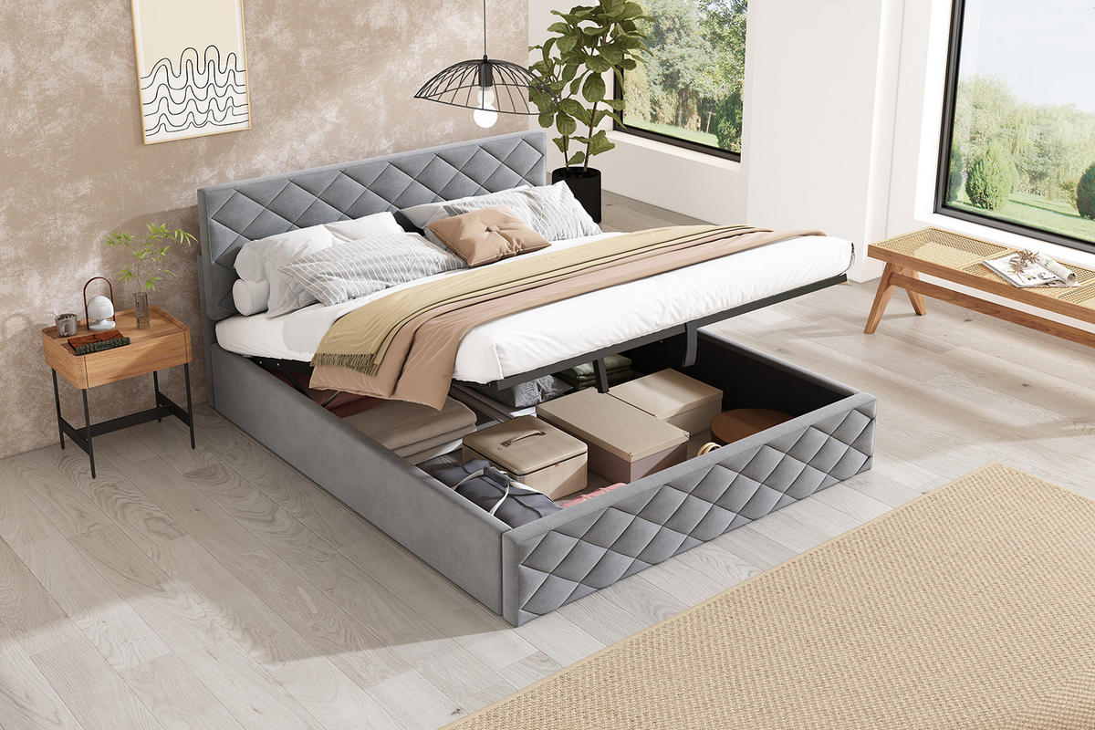 POLSTERBETT 140/200 cm in Grau mit Bettkasten und Lattenrost Samt im schlichten Design - Grau, Holzwerkstoff/Textil (140/200cm) - STILVORA