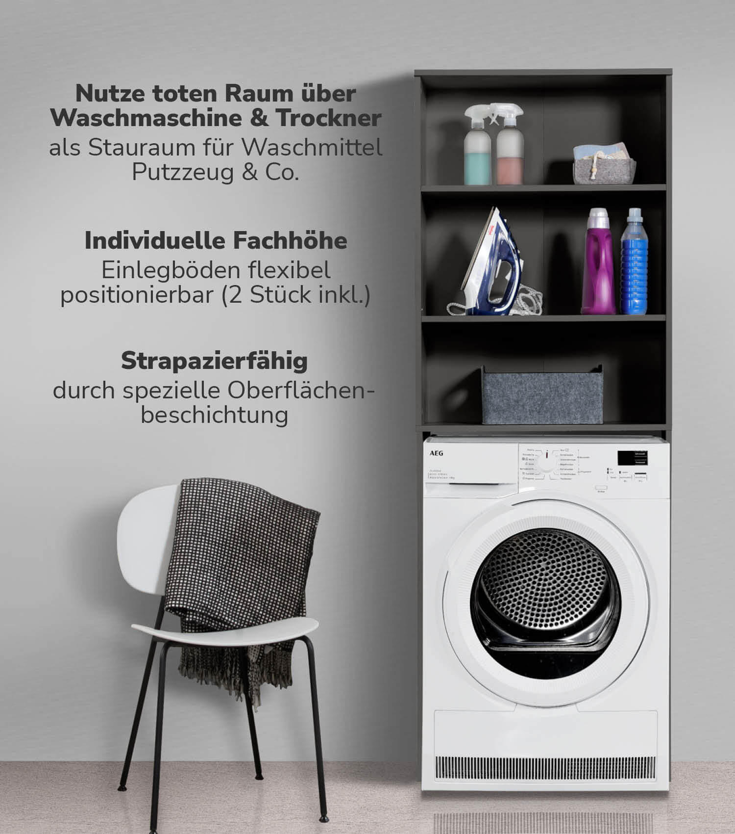 WASCHMASCHINENSCHRANK Der Saubermann - Anthrazit/Schwarz, Holzwerkstoff (65/180/34cm) - Mokebo