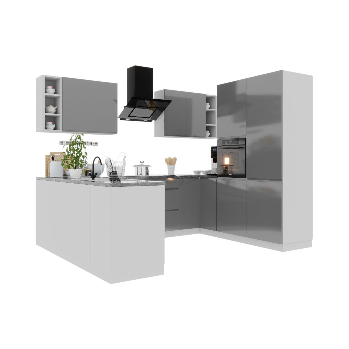 WINKELKÜCHE 260 x 210 cm Glanzia – KU-S11 – Grau – Grau / Hochglanz - Grau, Holzwerkstoff (260/212/210cm) - hi-markt