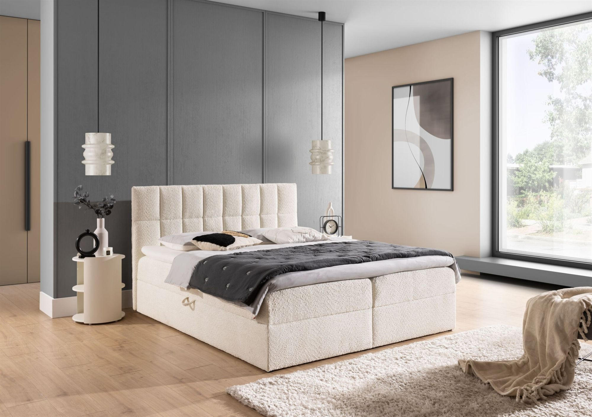 Thumbnail - Fun Möbel Boxbett, Creme, Textil, 200x220 cm, Schlafzimmer, Betten, Boxspringbetten