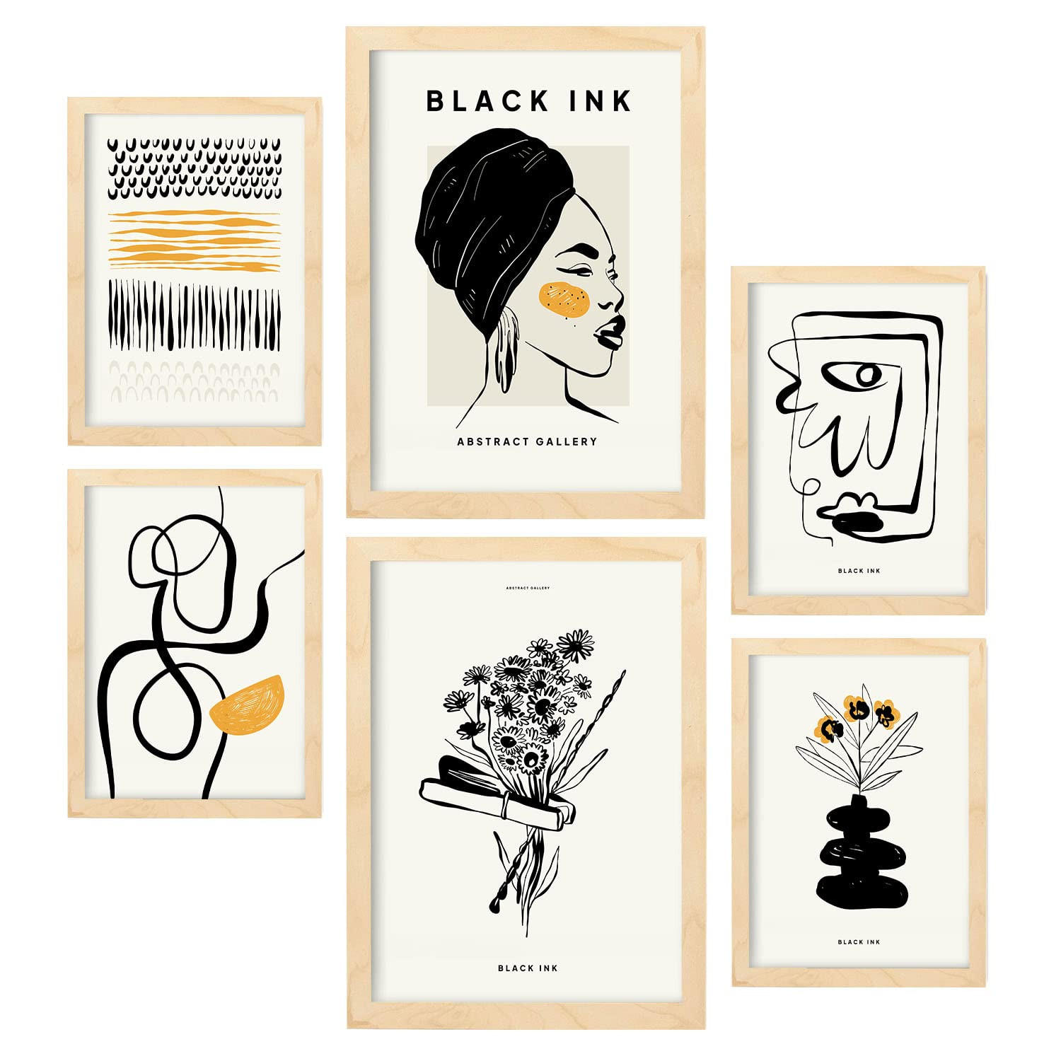 POSTER Set Mit 6 In Schwarzer Tinte Natürlich Künstlerische Und Abstrakte Drucke Für Innenarchitektur A3 & A4 Rahmen Aus Hellem Holz - Beige, Papier (29/3cm) - Nacnic