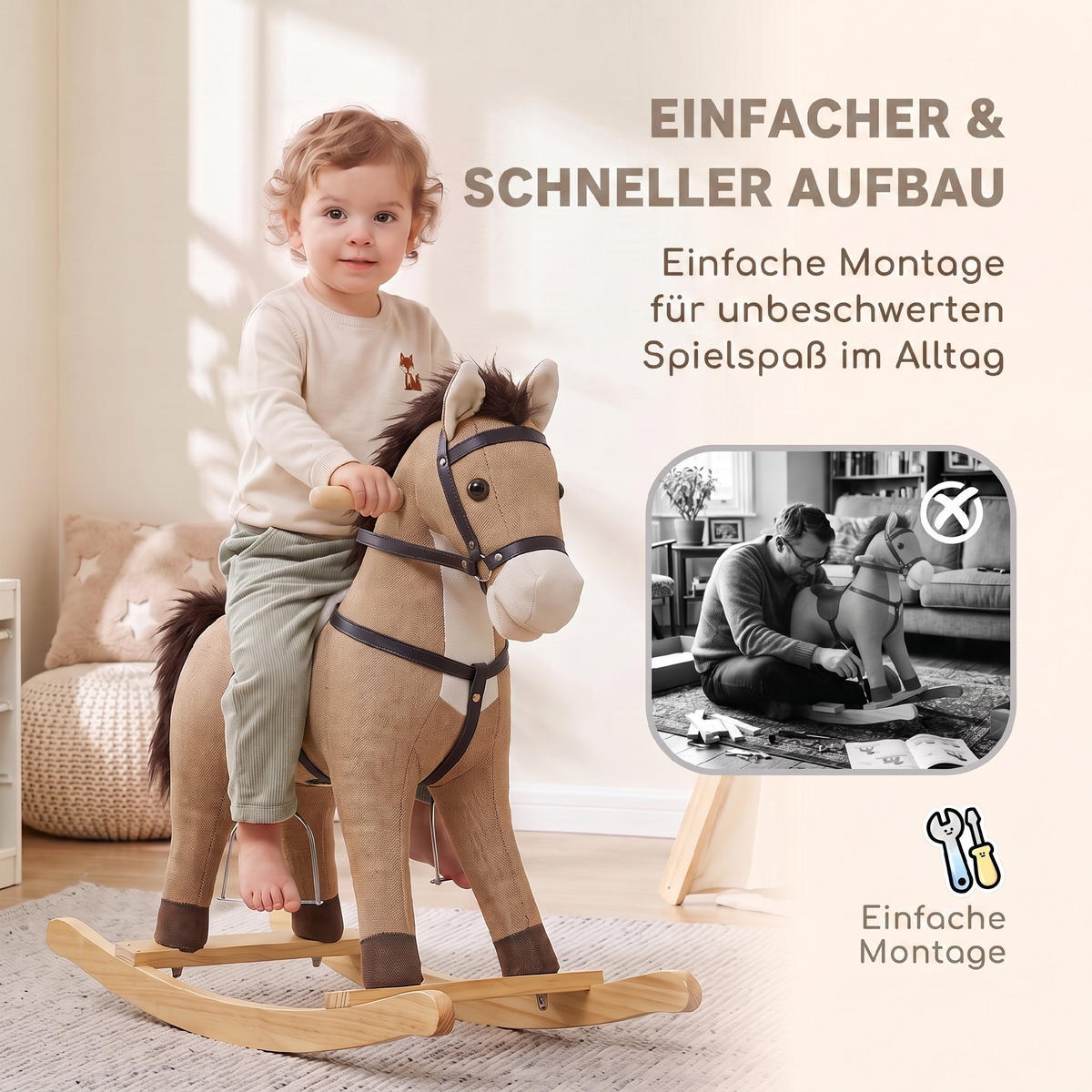 KINDER-SCHAUKELPFERD Polyester Metall Dunkelbraun - Dunkelbraun, Holz (30/68/71cm) - AIYAPLAY
