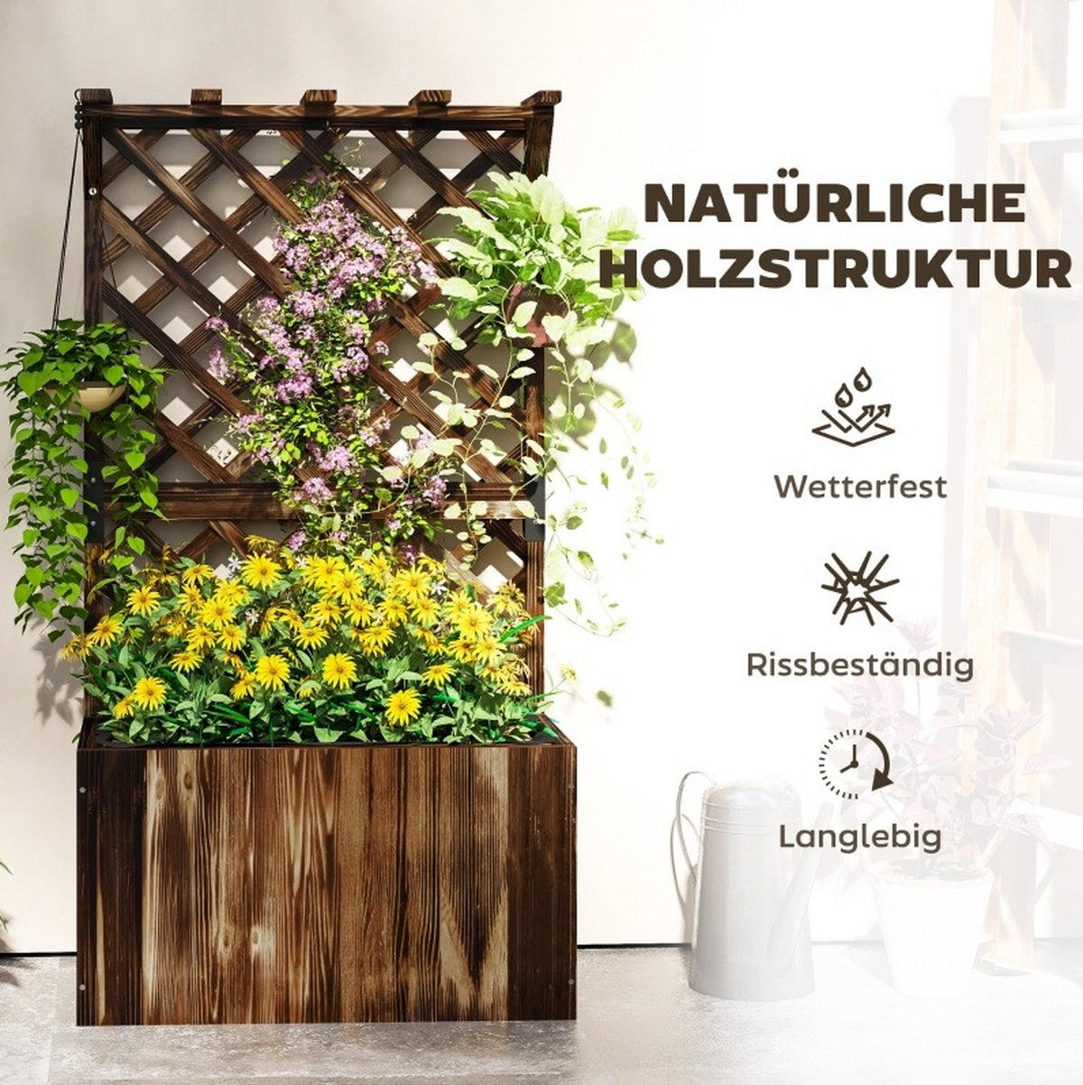 BLUMENKASTENHALTER mit Rankgitter & Hängedach Fichtenholz 64x33x122 cm - Braun, Holz (33/122/64cm) - Modfu