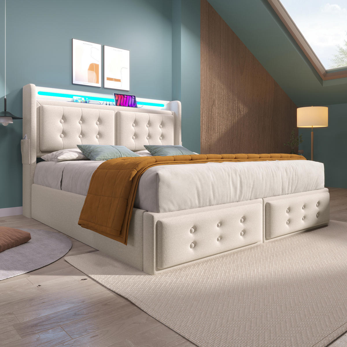 ČALOUNĚNÁ postel 160/200 cm béžová z bavlněného lnu s LED, USB-C a matrací - béžová, textil (160/200cm) - OKWISH