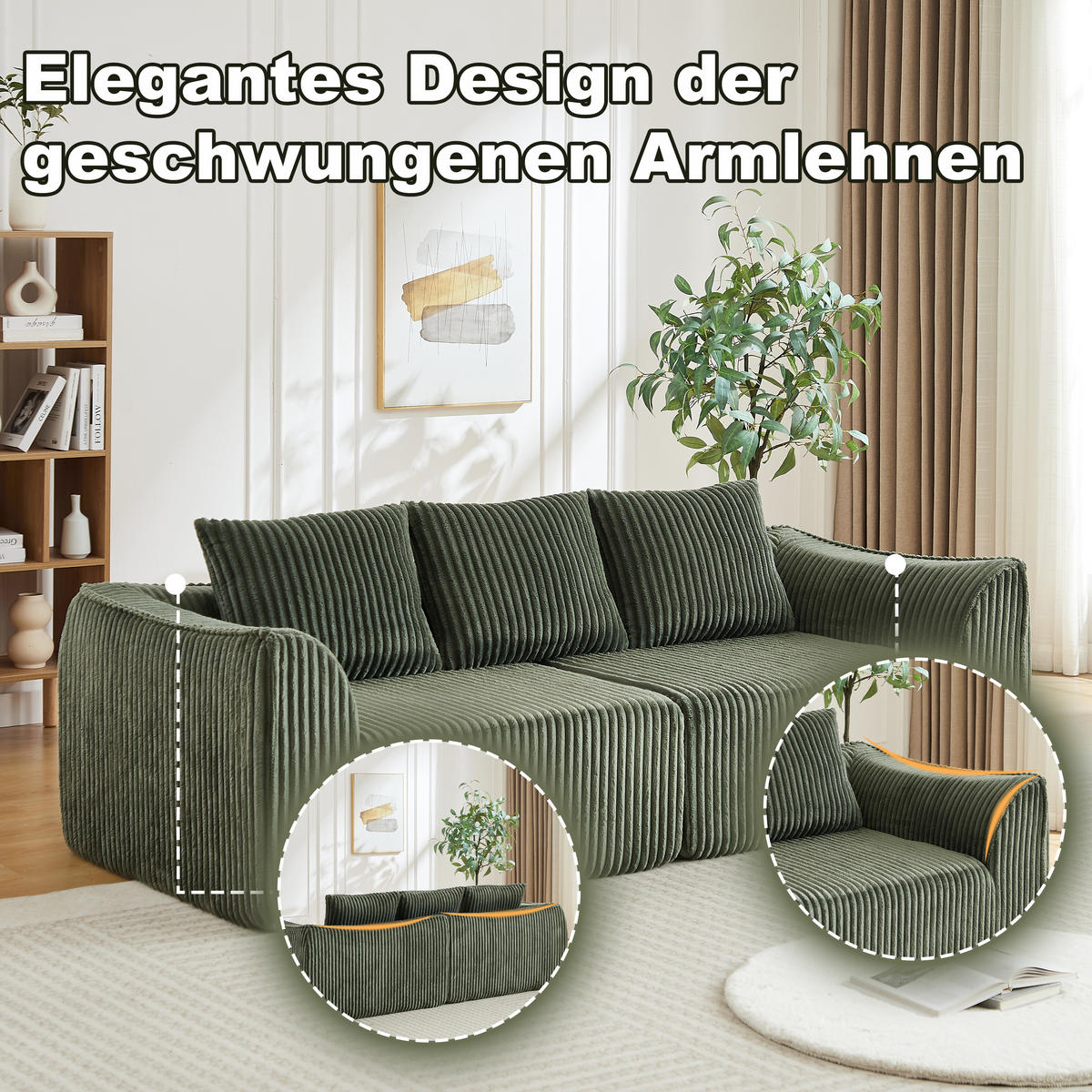 3-SITZER SOFA Cord Grün mit 2 Kissen - Grün, Textil (235.5/72.5/101cm) - WISHDOR