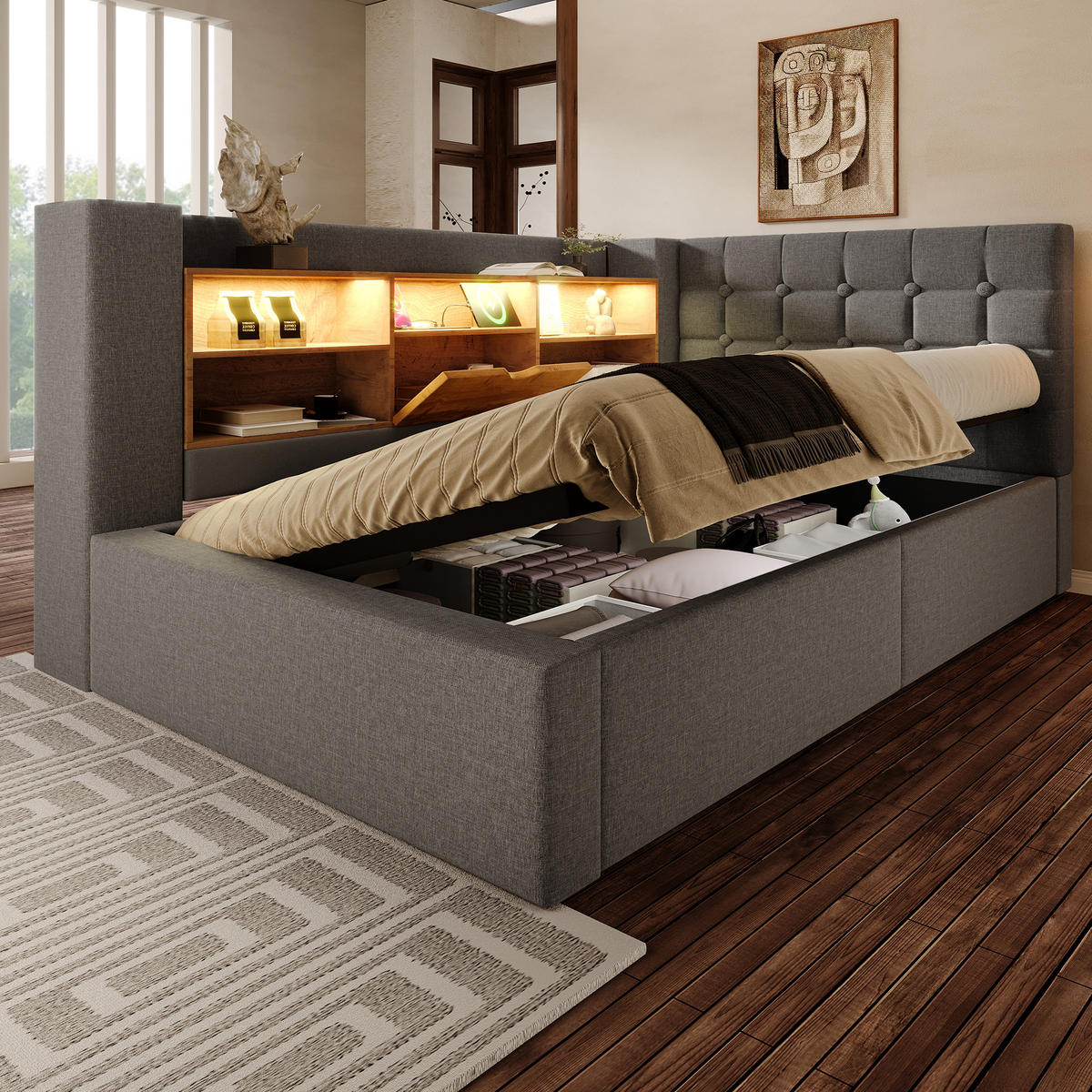 POLSTERBETT 90/200 cm mit LED-Beleuchtung, USB-Anschlüssen, hydraulischem Stauraum und L-Kopfteil, Grau - Grau, Textil (90/200cm) - Redom