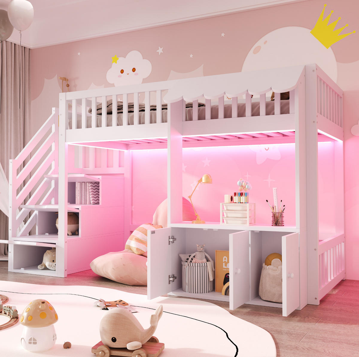 HOCHBETT aus Massivholz und MDF 90x200 cm Weiß mit Stauraumtreppe, Staufächern und LED-Lichtleiste - Weiß, Holz (90/200cm) - Modfu