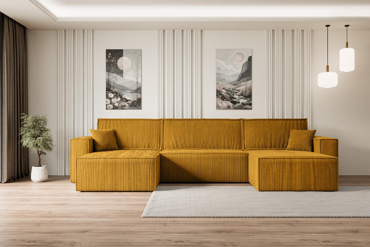 WOHNLANDSCHAFT mit Schlaffunktion und Bettkasten CELTIC-XLU - 377x143x83 cm Senfgelb Cord - Gelb/Schwarz, Holzwerkstoff/Kunststoff (377/83/143cm) - ALTDECOR