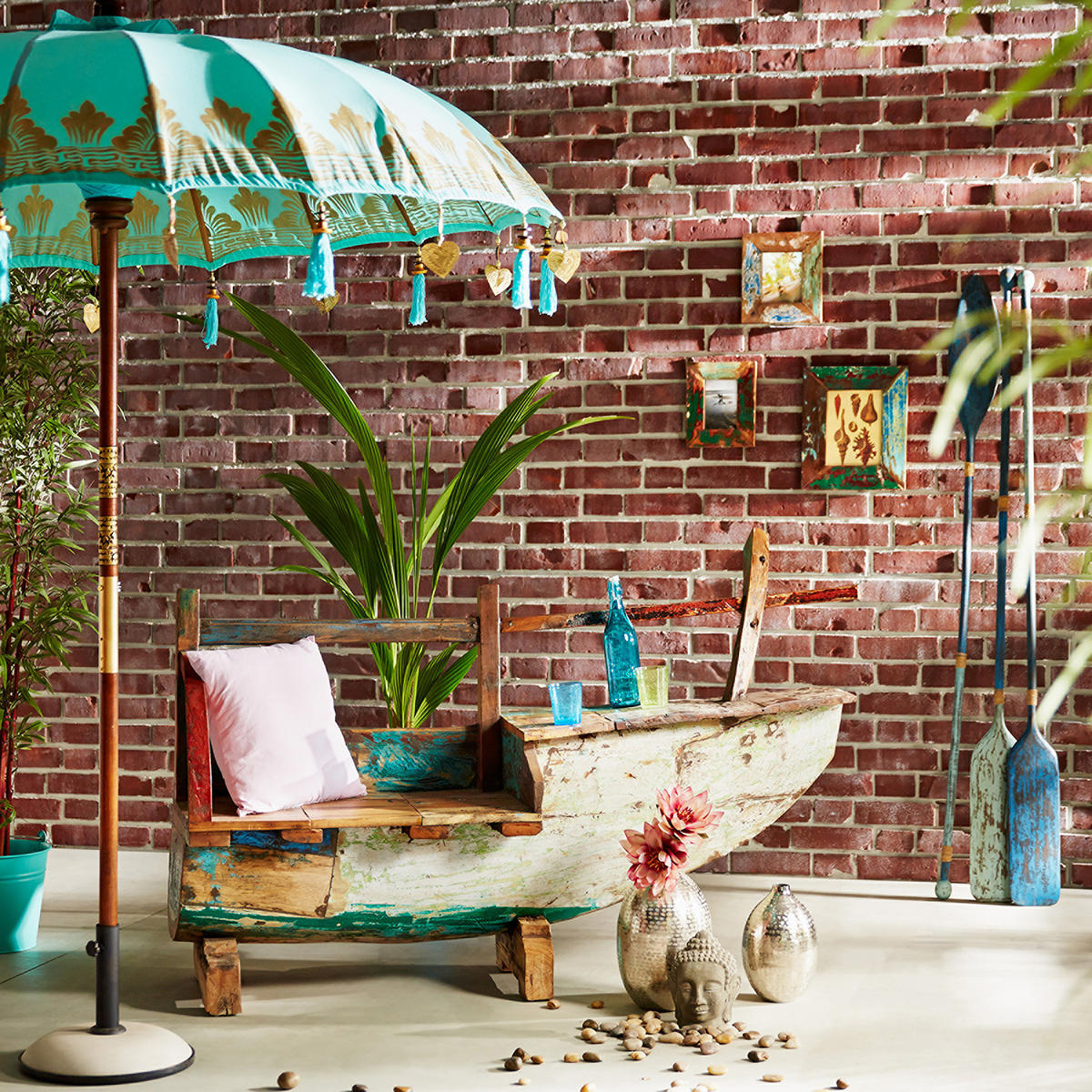 SONNENSCHIRM Oriental Lounge - Türkis, Holz/Textil (180/180cm) - Butlers