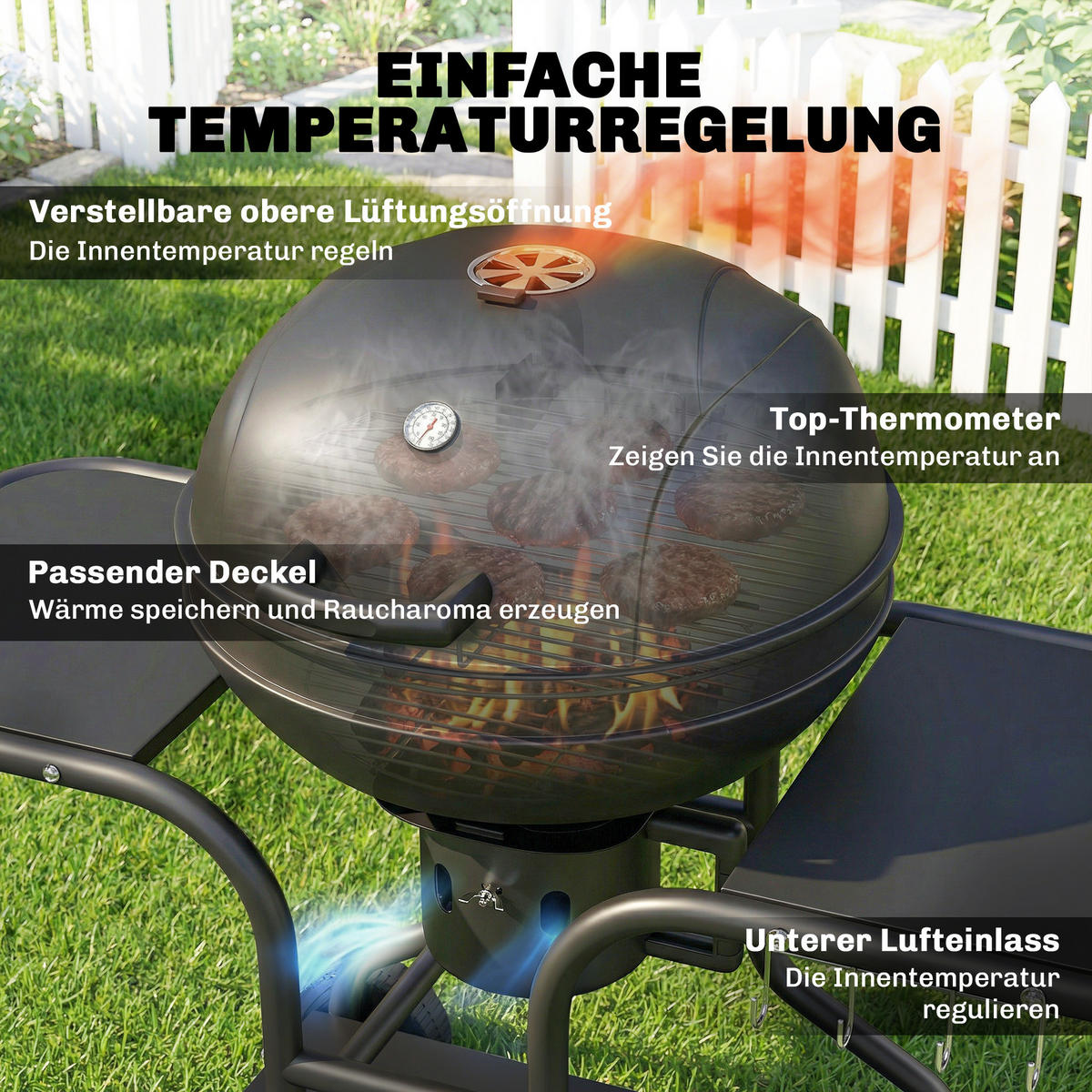HOLZKOHLEGRILL mit Seitentischen Metall Schwarz - Schwarz, Metall (63.5/106.5/129cm) - Outsunny