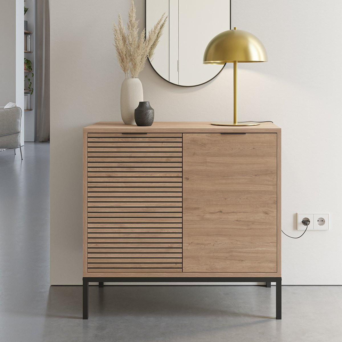 KLEINES Buffet mit 2 Türen und Metallfüßen Ariel - L80 cm - Apfelbaumfarben, Holzwerkstoff (40/80/80cm) - Calicosy