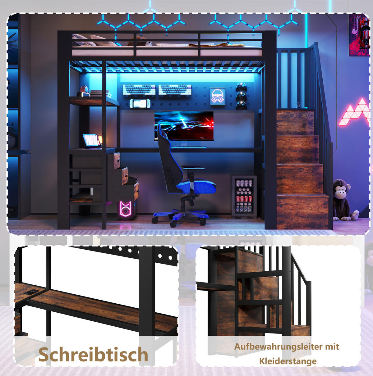 PATROVÁ postel 90/200 cm černá z kovu a MDF se stolkem a LED diodou - černá, kompozitní dřevo (90/200cm) - OKWISH