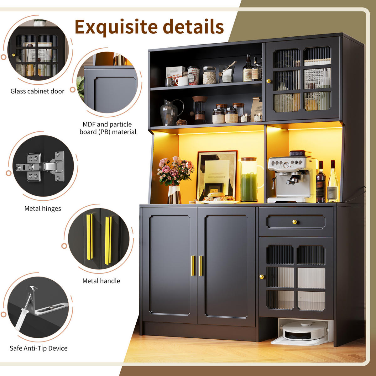 BUFFET 130/45/180 cm aus MDF mit LED-Beleuchtung Schwarz - Schwarz, Holzwerkstoff (130/180/45cm) - Modenvie