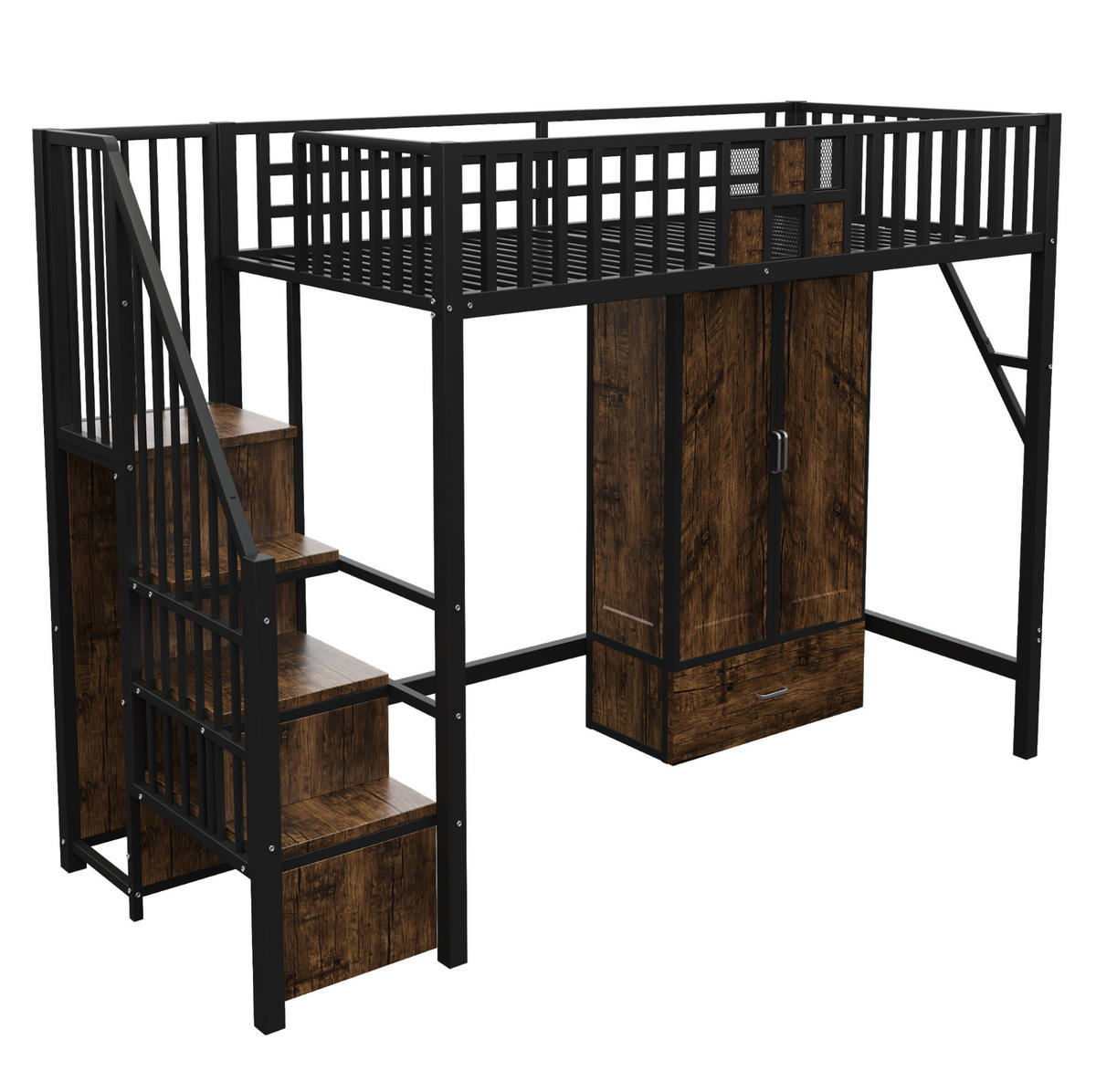 HOCHBETT 90/200 cm Schwarz aus Metall und Holz mit Kleiderschrank und Aufbewahrungsleiter - Schwarz, Metall (90/200cm) - OKMYHOME