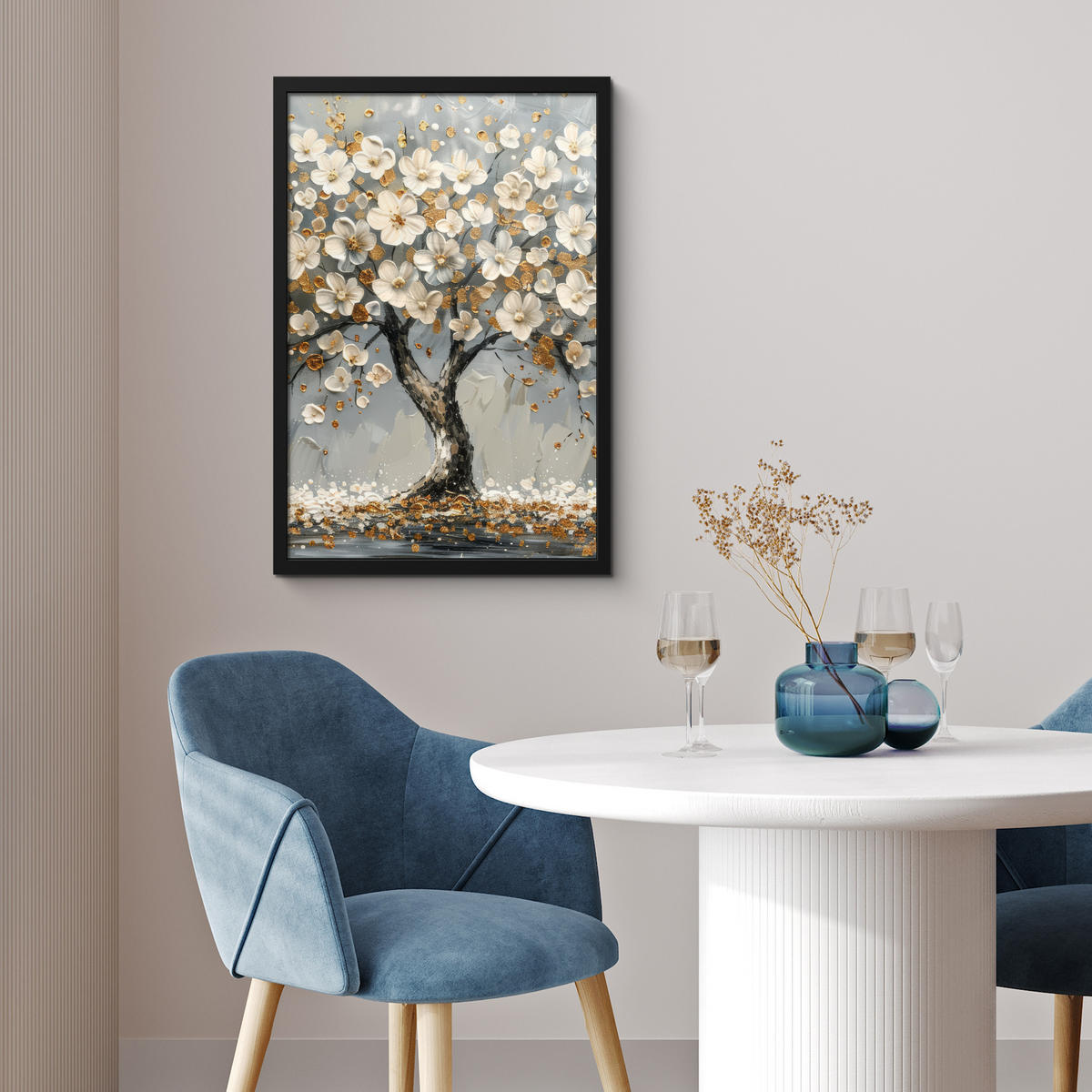 GERAHMTES BILD Baum - Blumen - Weiß - Natur - Kunst 40x60 cm - Weiß, Papier (40/60cm) - MuchoWow