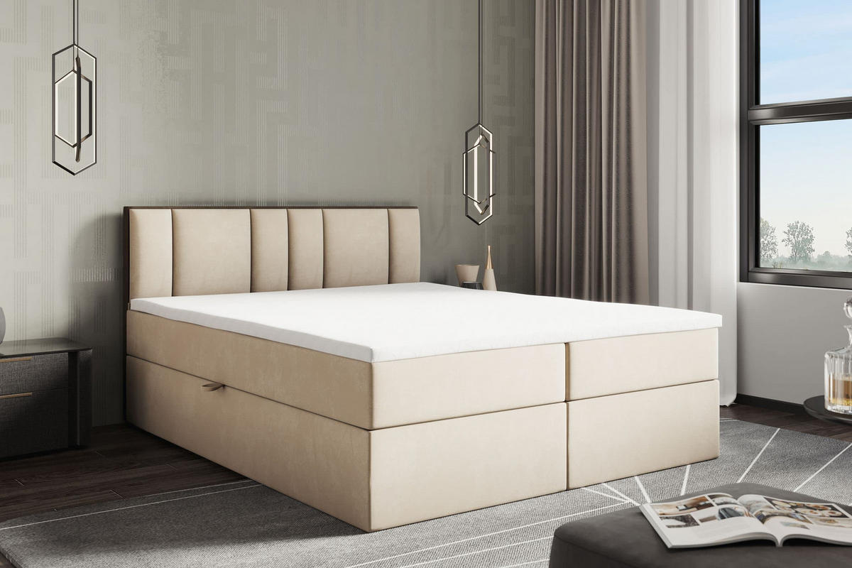 BOXBETT 160 x 200 cm mit H3 Taschenmatratze TRAPANI, Topper 5 cm und Bettkasten, Hellbeige - Beige, Holz/Textil (160/200cm) - Trada