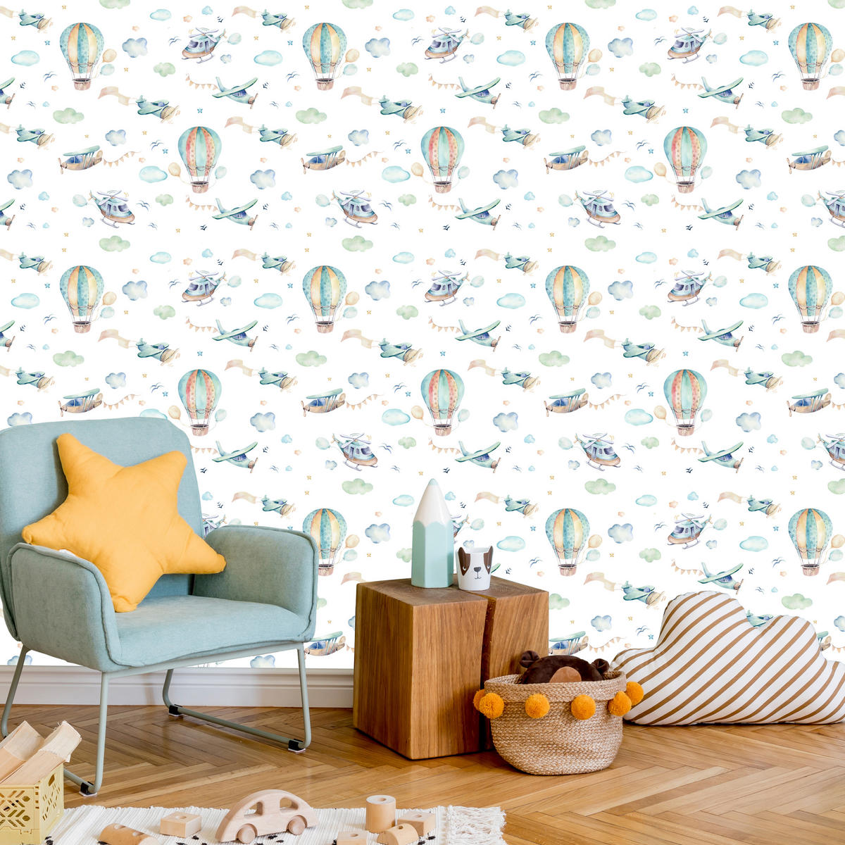 VLIESTAPETE Flugzeuge, Hubschrauber und Ballons – Pastellbunt, Weiß – 50x1000 cm - Multicolor/Weiß, Papier (50/1000cm) - Muralo