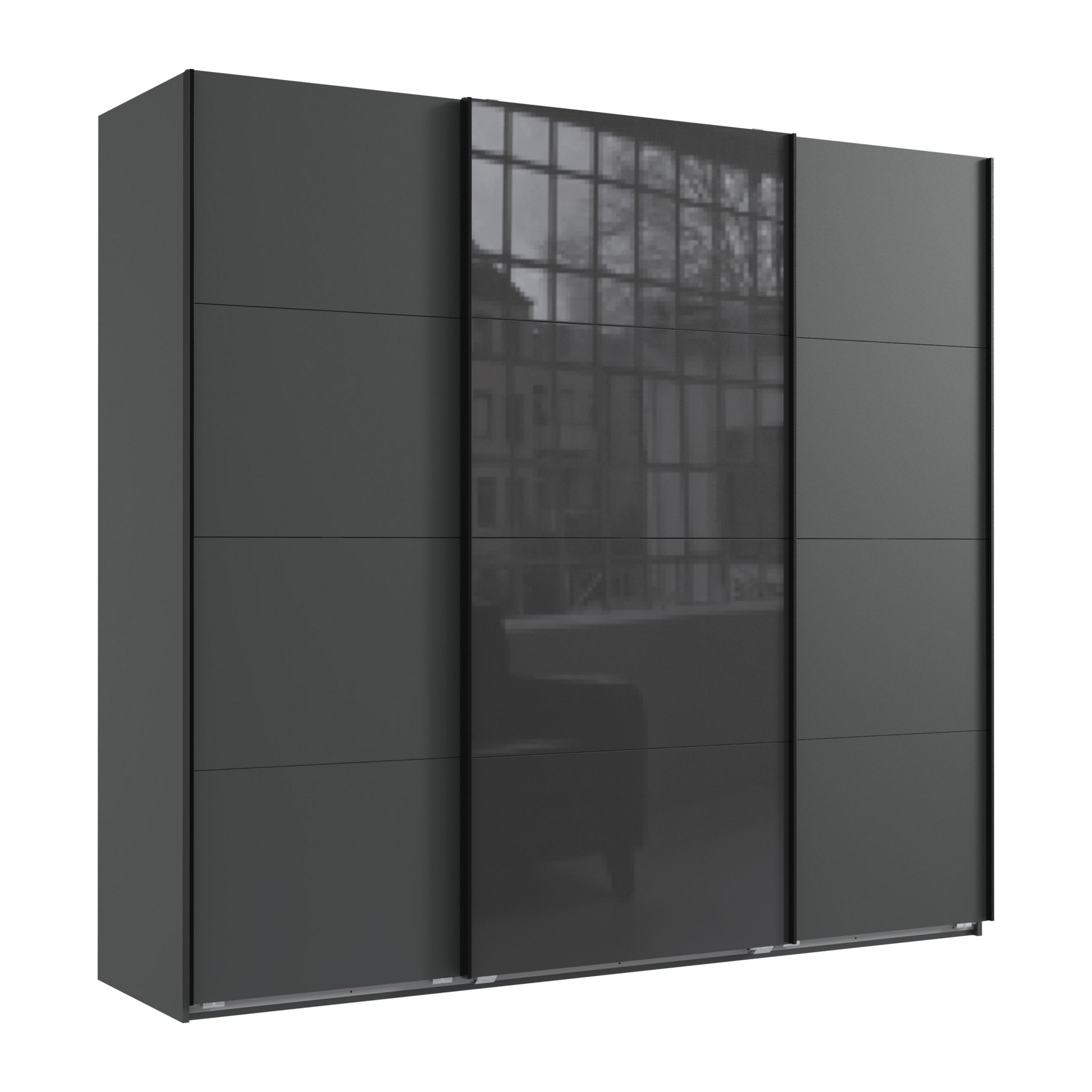 SCHWEBETÜRENSCHRANK 3-türig in Grafit, eine Tür mit Glasfront Grau, B225/H208/T64 cm / 22523 - Schwarz/Graphitfarben, Holzwerkstoff/Metall (225/208/64cm) - luma-home