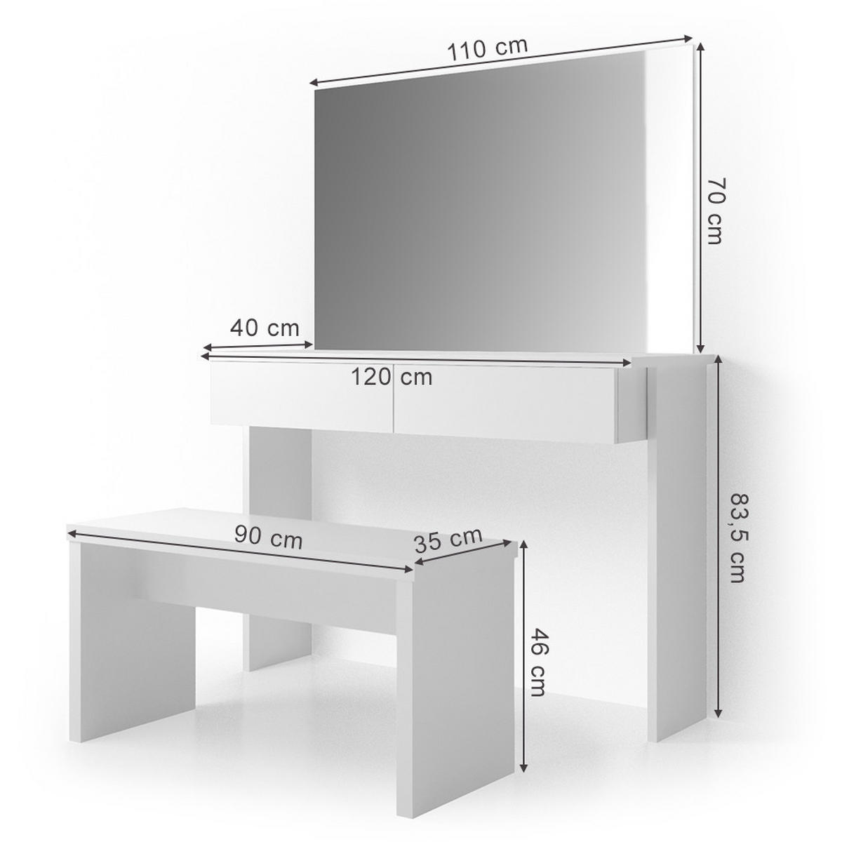 SCHMINKTISCH Azur Weiß 120 cm mit Bank - Weiß, Holzwerkstoff (120/83/40cm) - Vicco